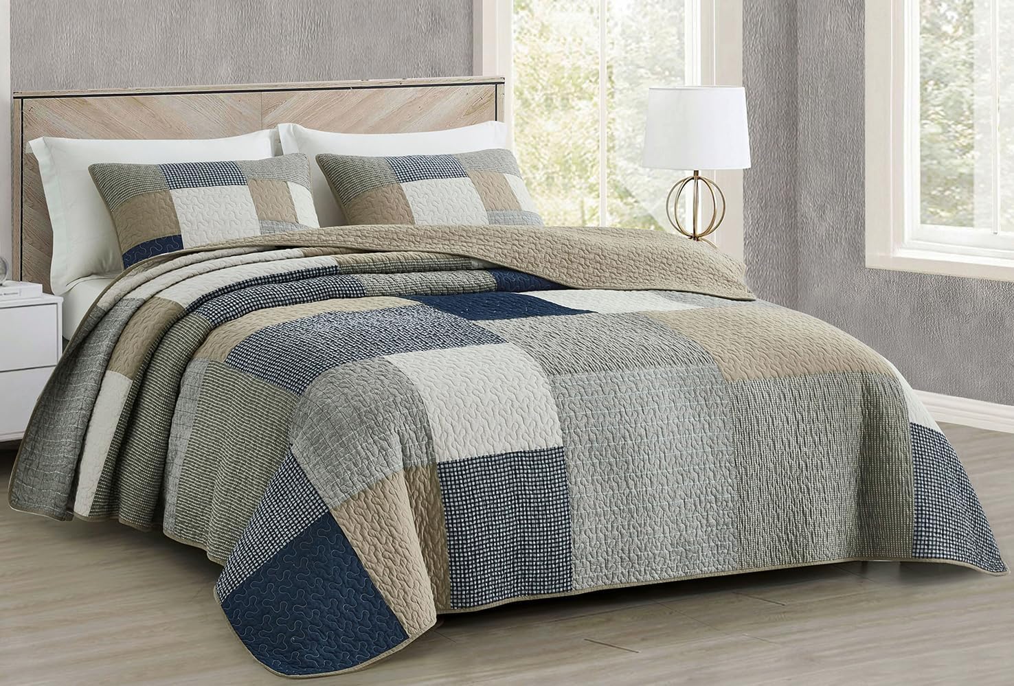 Couette patchwork 3 pièces lit King surdimensionné bleu marine en coton toutes saisons