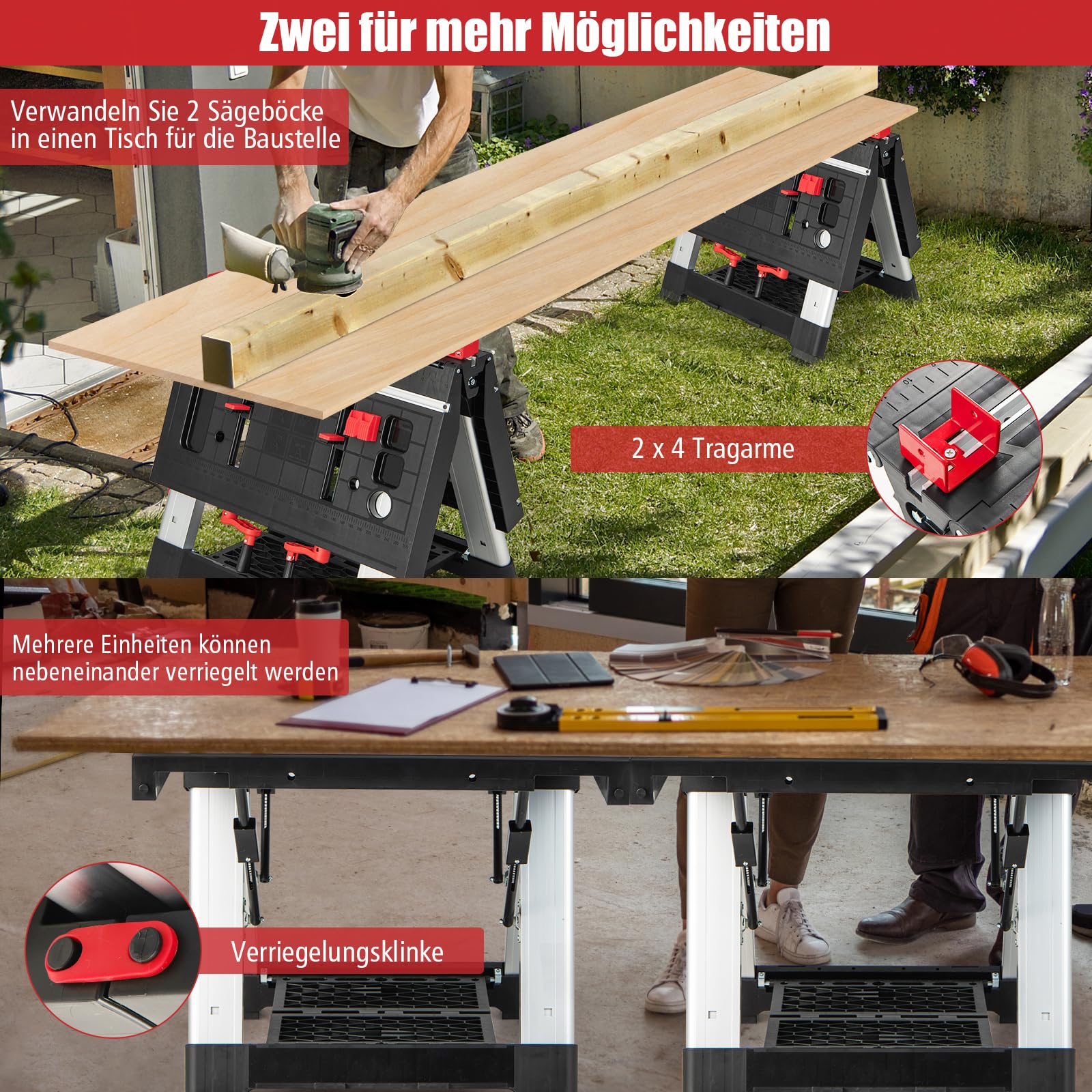 FANTASK Werktafel inklapbaar, werktafel tot 454 kg belastbaar, gereedschapstafel voor garage, werkplaats, werkbank met 2 snelklemmen, 4 klemhaken, 3