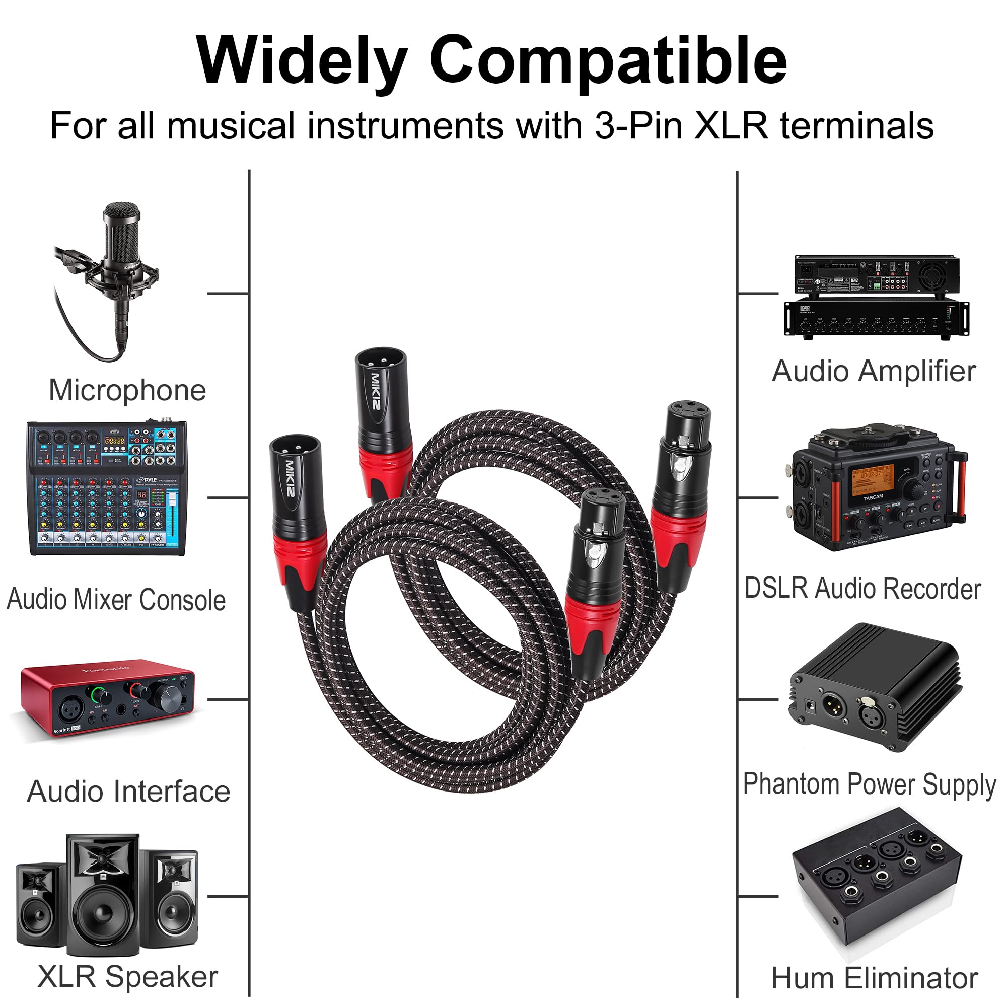 Lot de 2 câbles XLR tressés avec code couleur rouge de qualité supérieure, anti-enchevêtrement, 1,8 m, pour microphone DJ