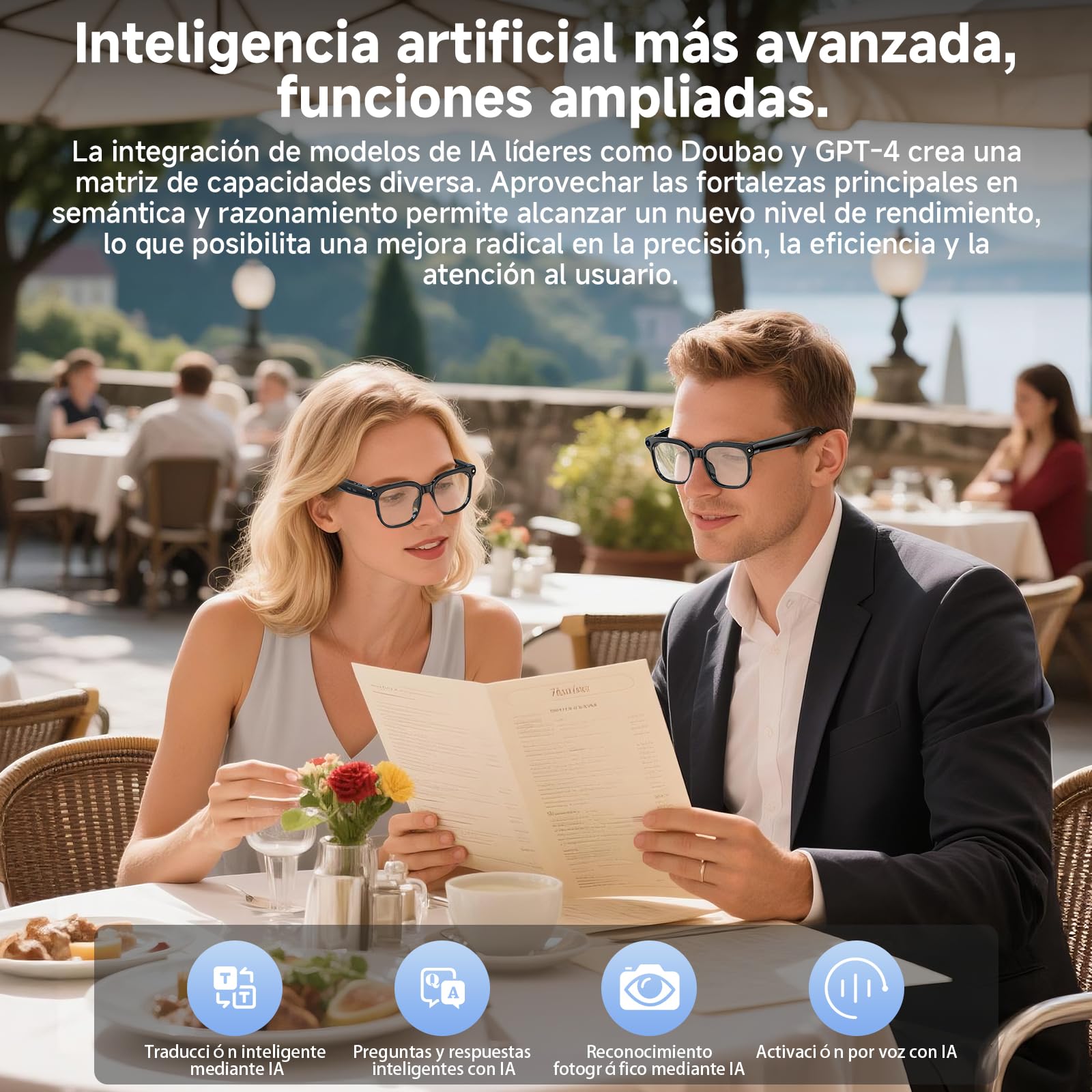 Gafas Inteligentes IA, Smart Glasses con Camara 4K, Dos Pares de Lentes, vídeo HD 1080p y Grabación de Audio con Estabilización de Imagen, Reproducción de Música y Traducción en Tiempo Real