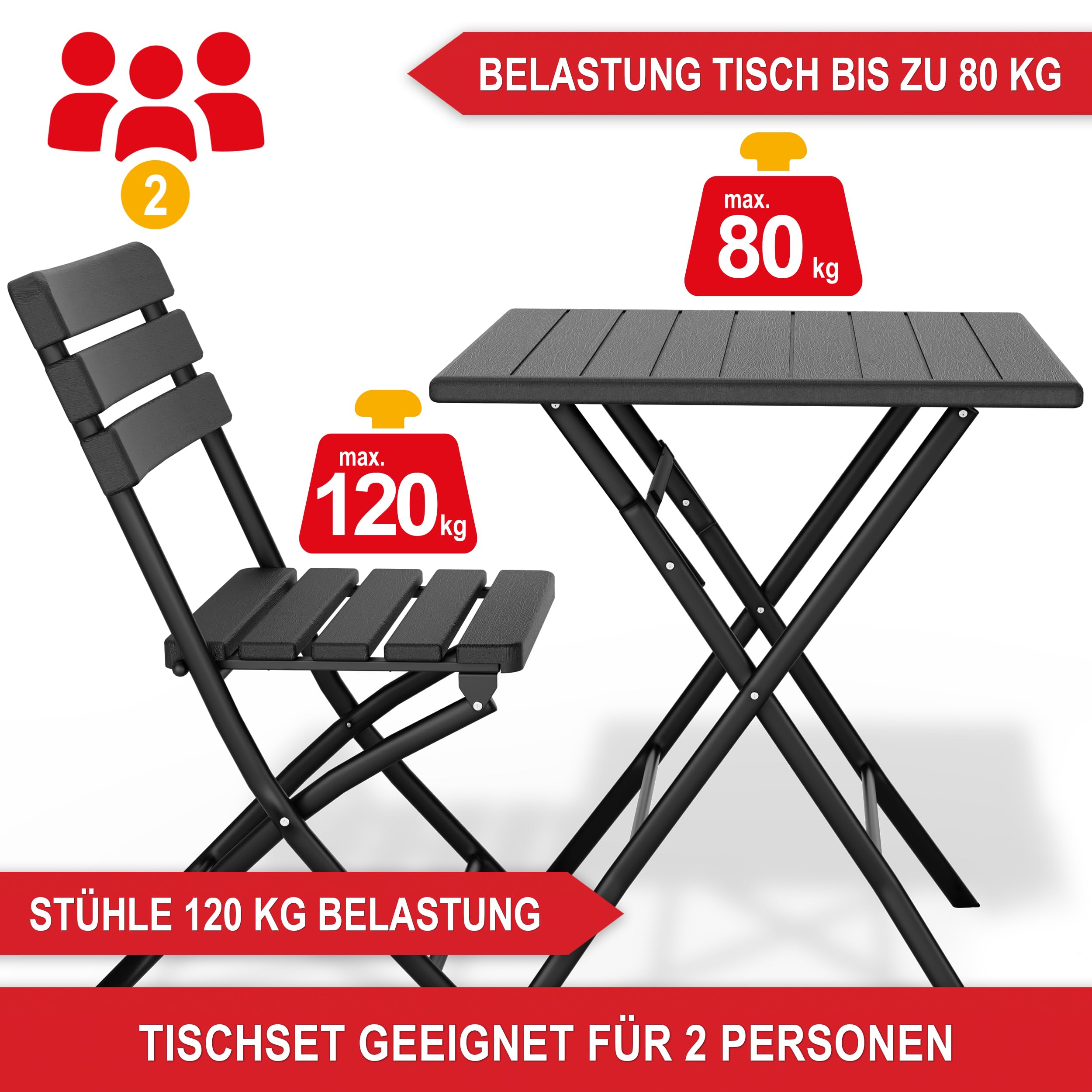 Onbest Balkontisch Set für 2 Personen – 3 teilig – Tisch mit 2 Stühlen – Klapptisch aus robustem Kunststoff in Holz Optik– klappbar – wetterfest – für Balkon, Garten & Terrasse
