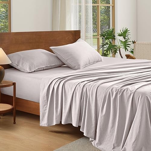 100% French Linen Sheets Natural Linen Queen Size Sheets Set, Breathable and Durable for Hot Sleepers, 4 Pcs Bed Sheets with 16 Inch Deep Pocket - 1 Flat Sheet, 1 Fitted Sheet, 2 Pillowcases