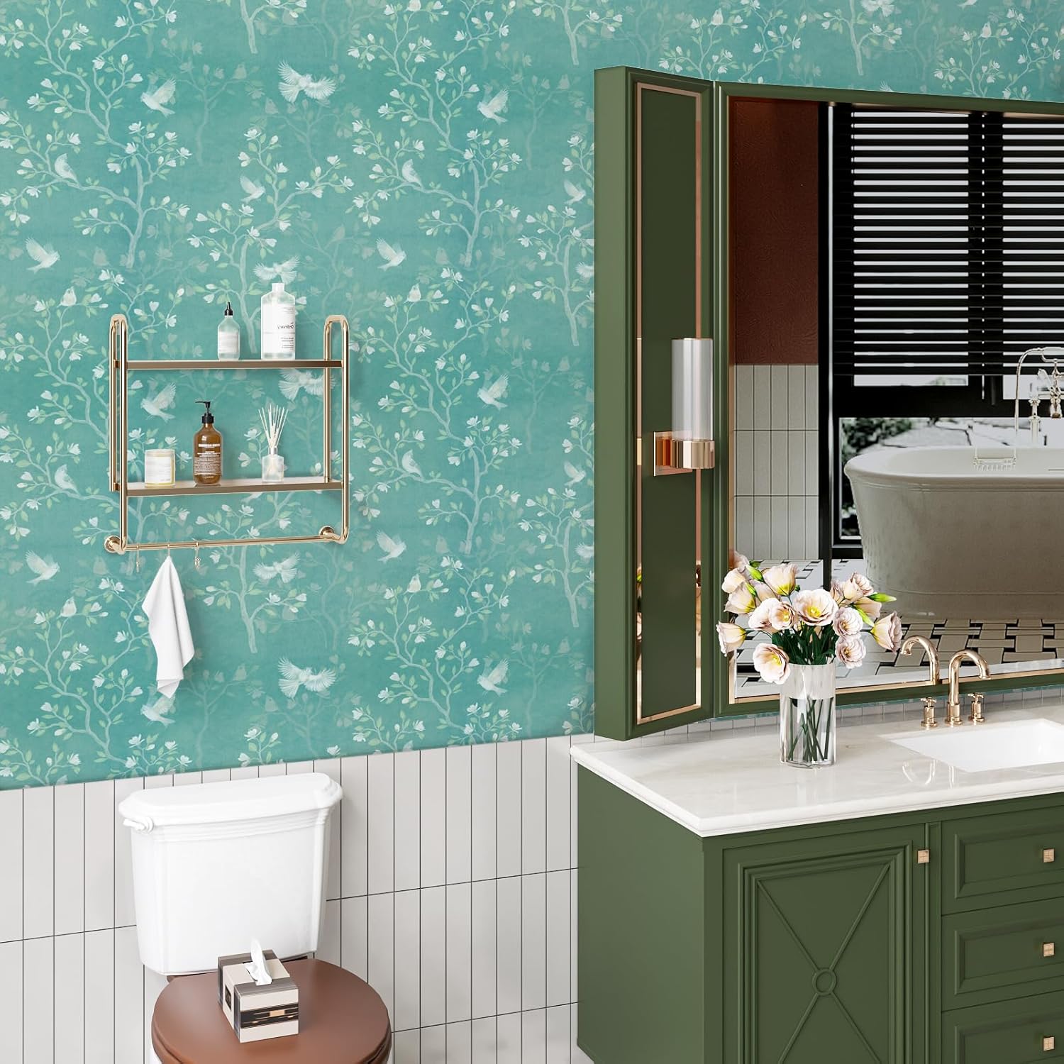 VaryStyle 17.7"x118" Teal Green Floral Wallpaper Turquoise Magnolia Tree Bird Floral Peel and Stick Wallpaper Green Forest Contact Paper for Cabinets Self Adhesive Removable Vinyl for Bathroom Bedroom
