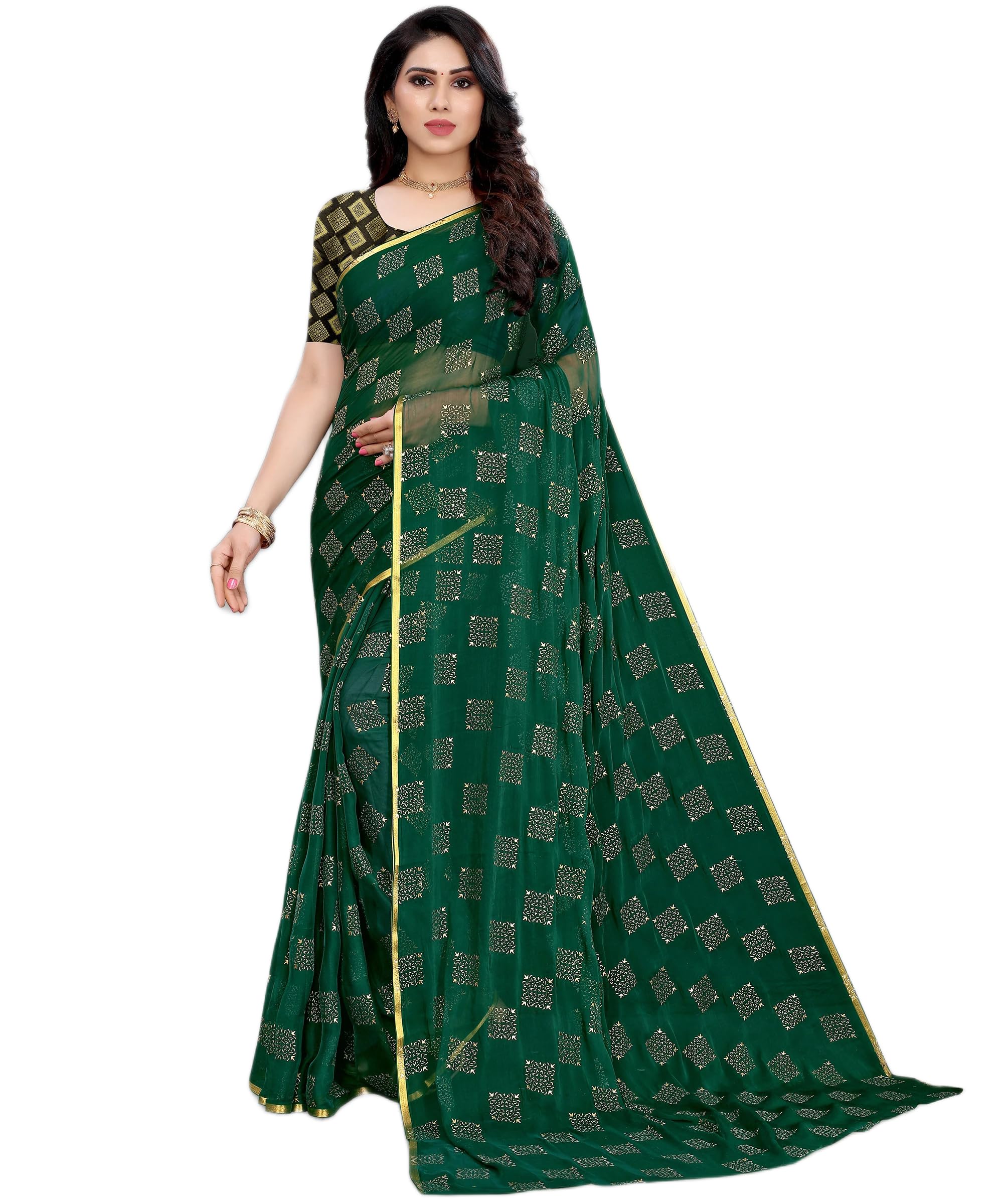 amazon brand - tavasya Printed Daily Wear Chiffon Saree with Unstitched Saree With Blouse-picture-43