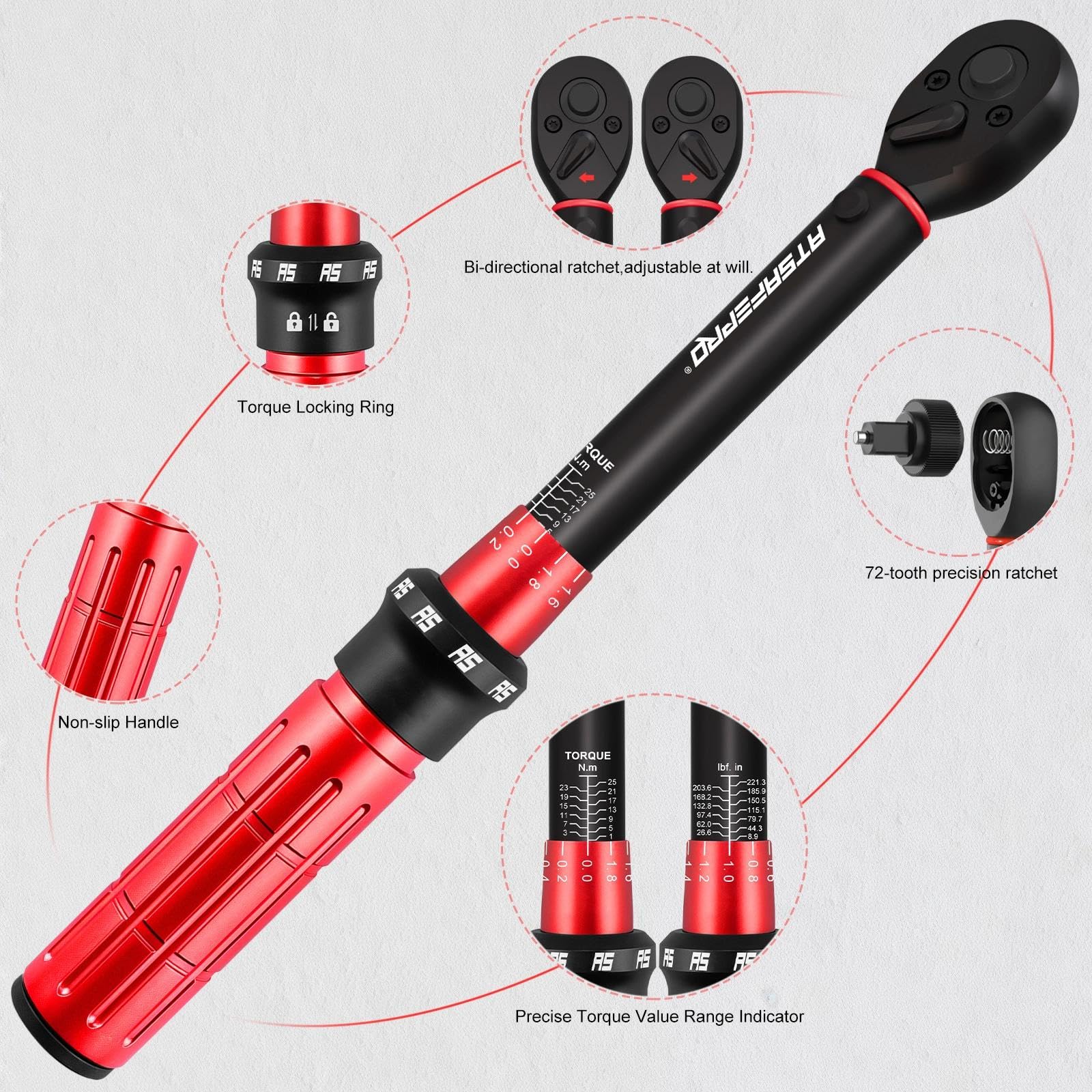 ATsafepro 61-Sztukowy 1/4" 1-25 Nm Klucz Dynamometryczny Rower Zestaw, Manometr Ciśnienia w Oponach 11 Bar, Dokładność ±3%, Mechanizm 72 Zęby Dwukierunkowy, Narzędzie do Zaworów, 40 Bitów, Przedłużka,