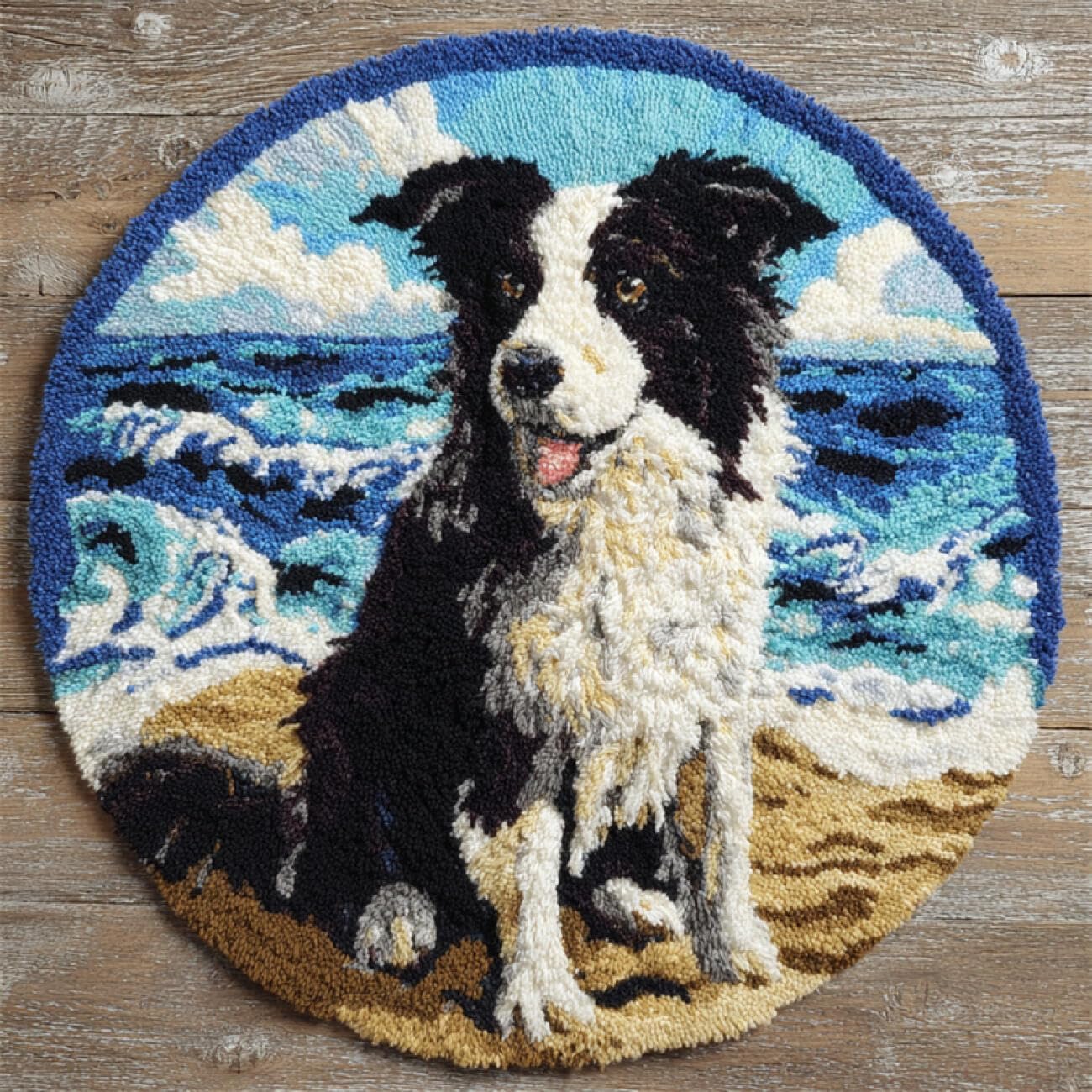 Kitquiver Dog Animal Latch Hook Kits Cartoon Border Collie Latch Hook Kit for Beginners，Tapestry Carpet Latchs Set for Adults Self Knotting Set DIY Craft Kits 80x80cm