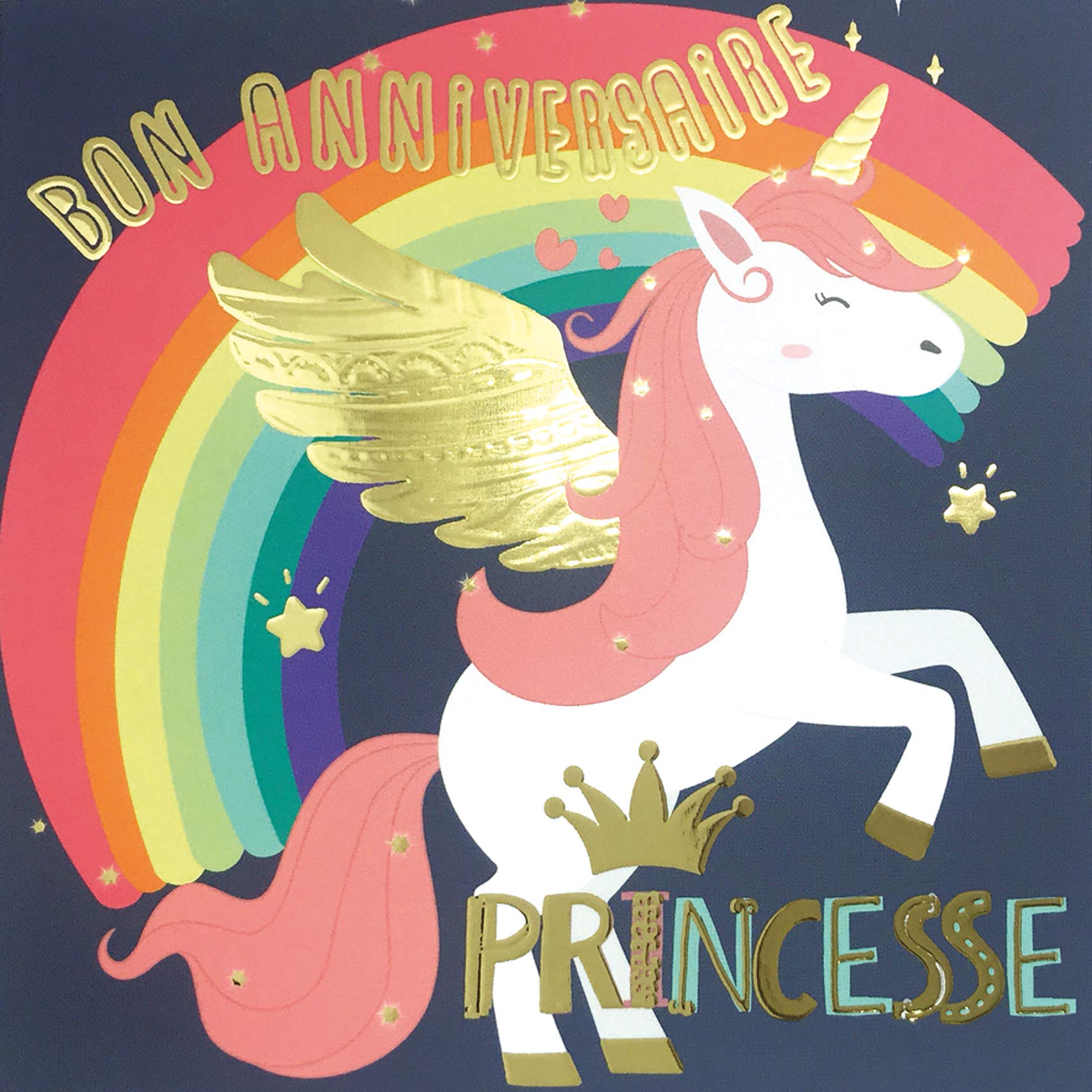 Afie Geburtstagskarte – Prinzessin Mit Einhorn, Regenbogen & Flügeln | Quadratisch, Goldglänzend, Mit Umschlag