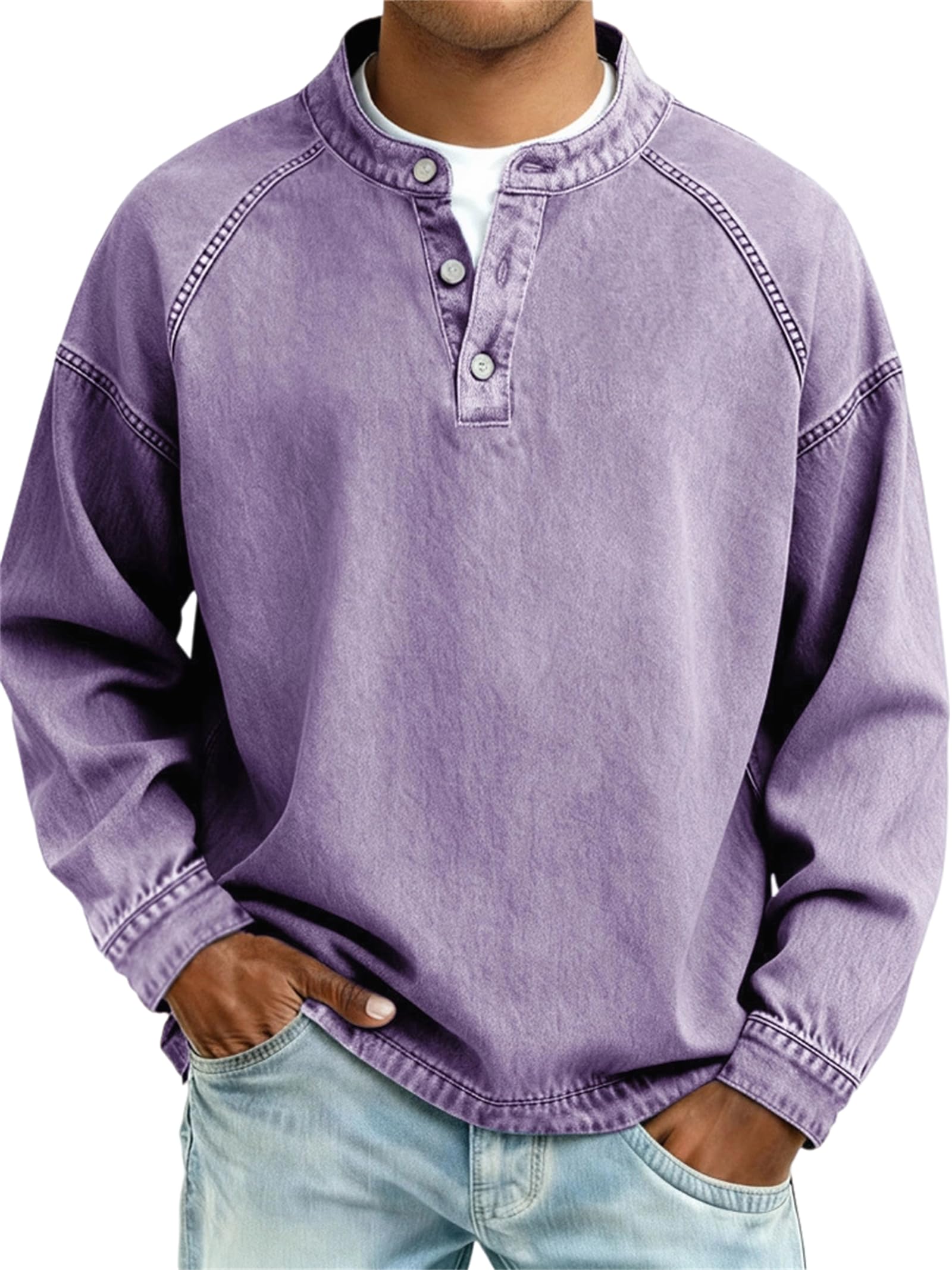 Camisa de color lavado con botones y cuello en V para hombre, color liso, casual, desgastada, lavada al ácido