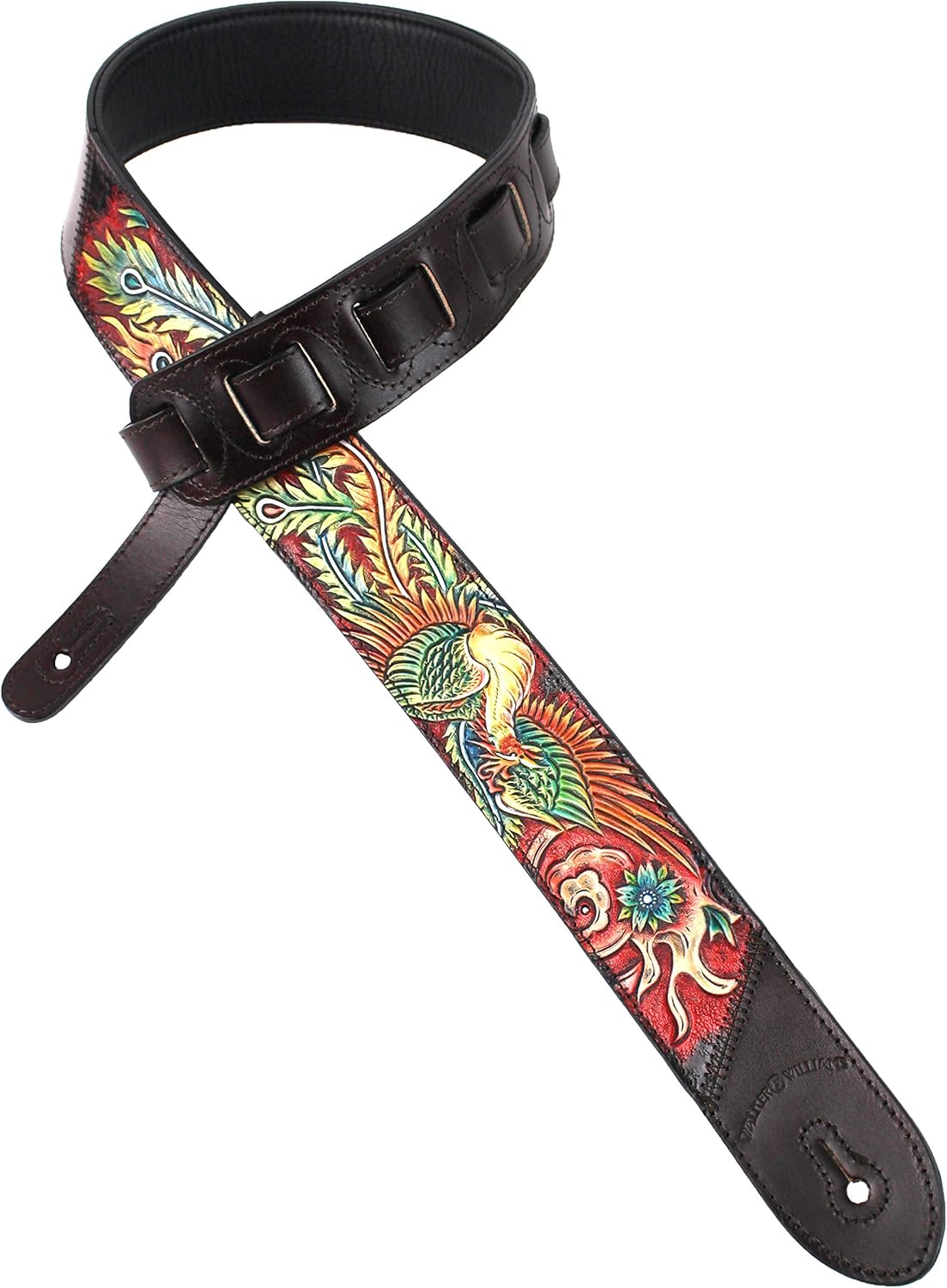 Walker And Williams KB-33 Carob Brown Premium 2" Wide Premium Grain Leather Guitar Strap With Hand Tooled Phoenix For Acoustic, Electric, And Bass Guitars