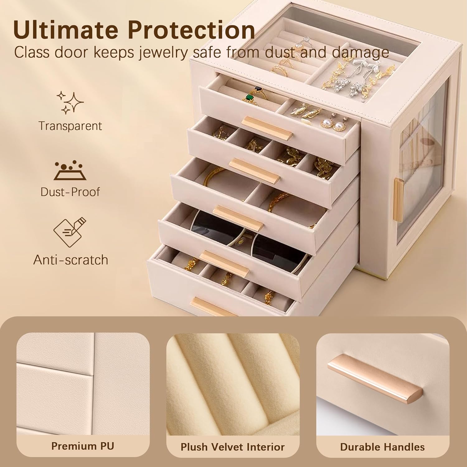 Homeanda Jewelry Box for Women with Glass Lid, 5 Drawers Jewelry Organizer and Storage for Necklaces, Rings, Earrings, Bracelets, Gift for Girls and Teens,PU Leather (Beige) - Image 5