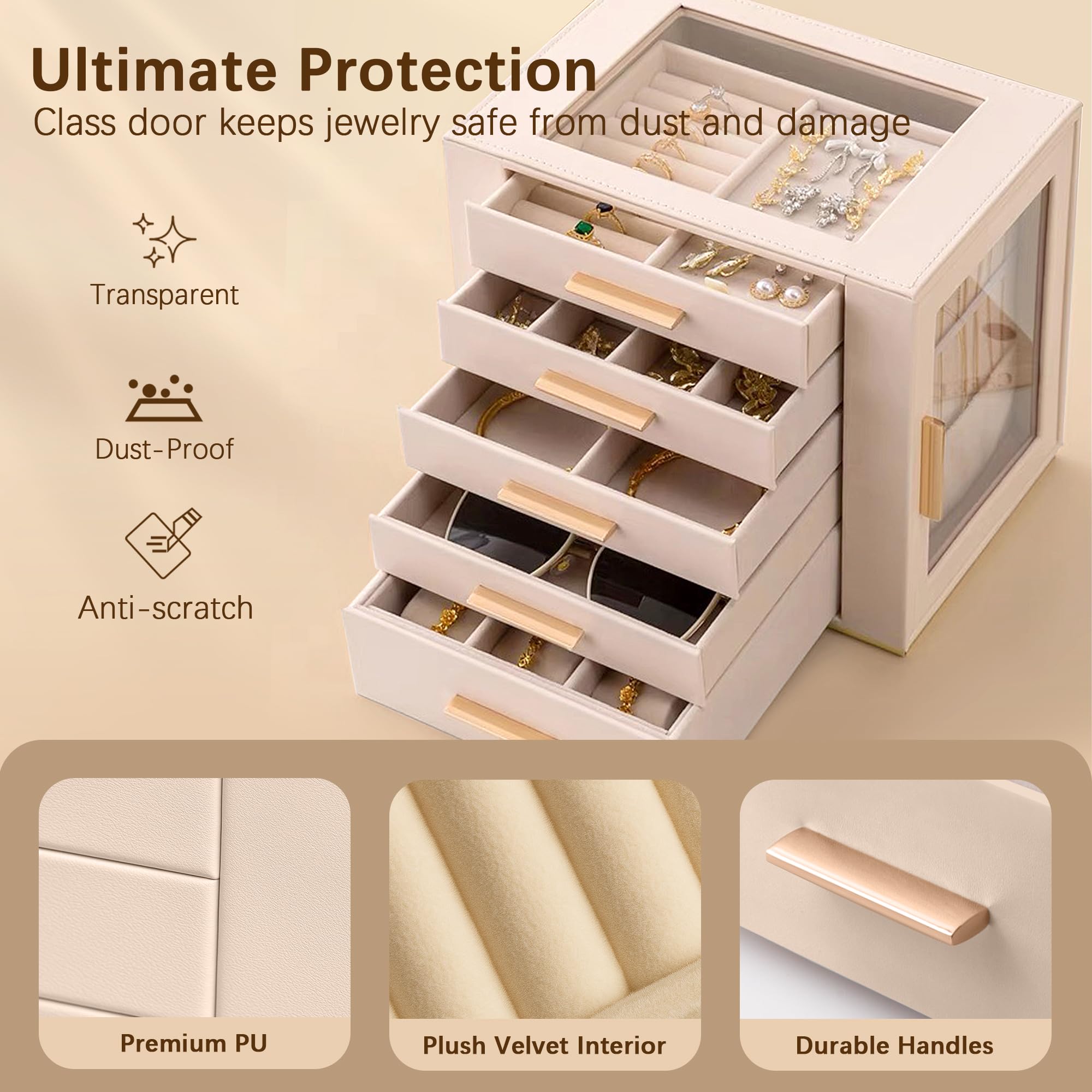 Homeanda Großes Schmuckkästchen für Frauen - 5 Lagen PU Leder Aufbewahrungsbox für Ringe, Ohrringe, Halsketten, Armbänder, Uhren & Haarschmuck（Beige）