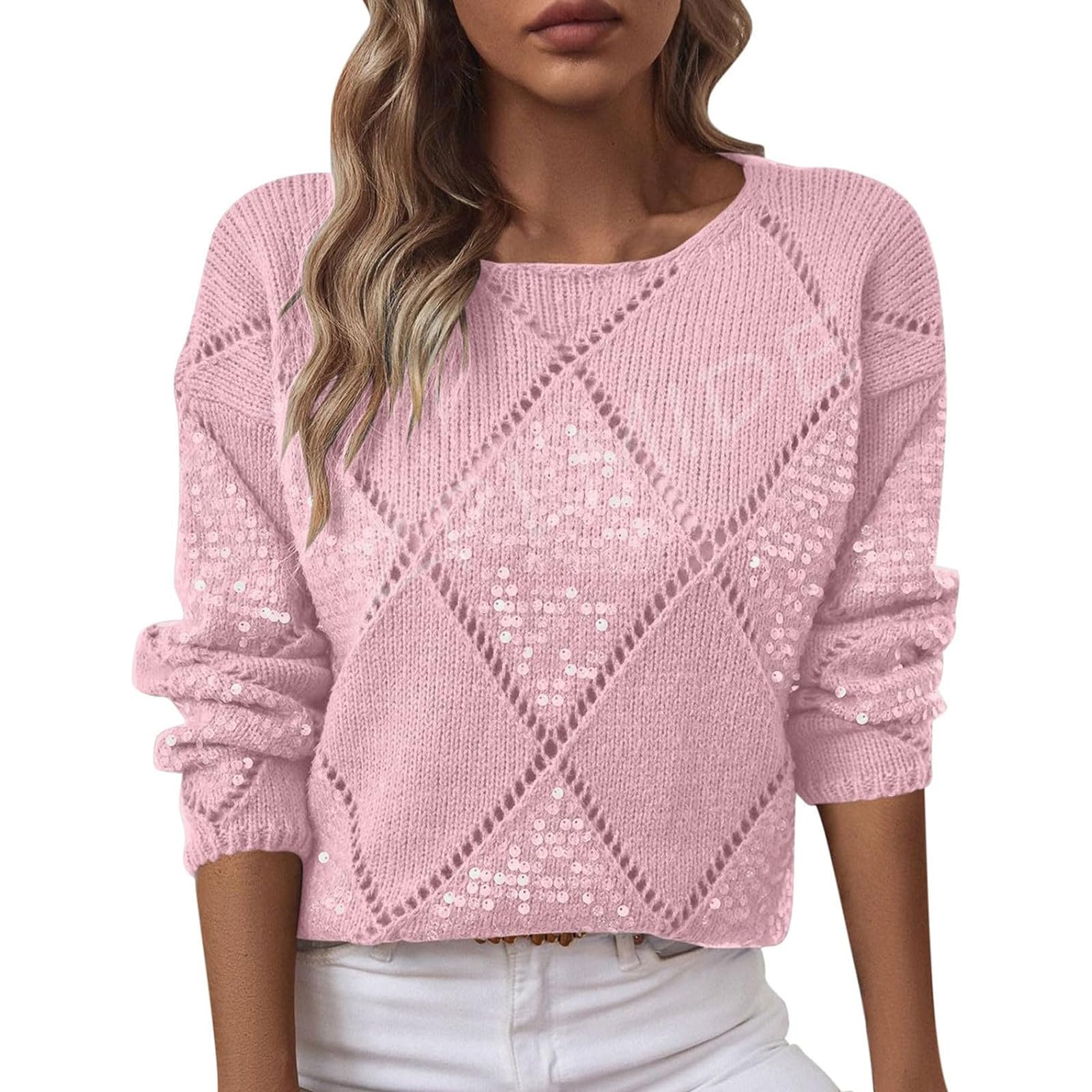 Damen-Pullover, gehäkelt, elegant, lässig, ausgehöhlt, Glitzer-Strick, leicht, gemütlich, Pailletten-Pullover, Tops, Herbstkleidung