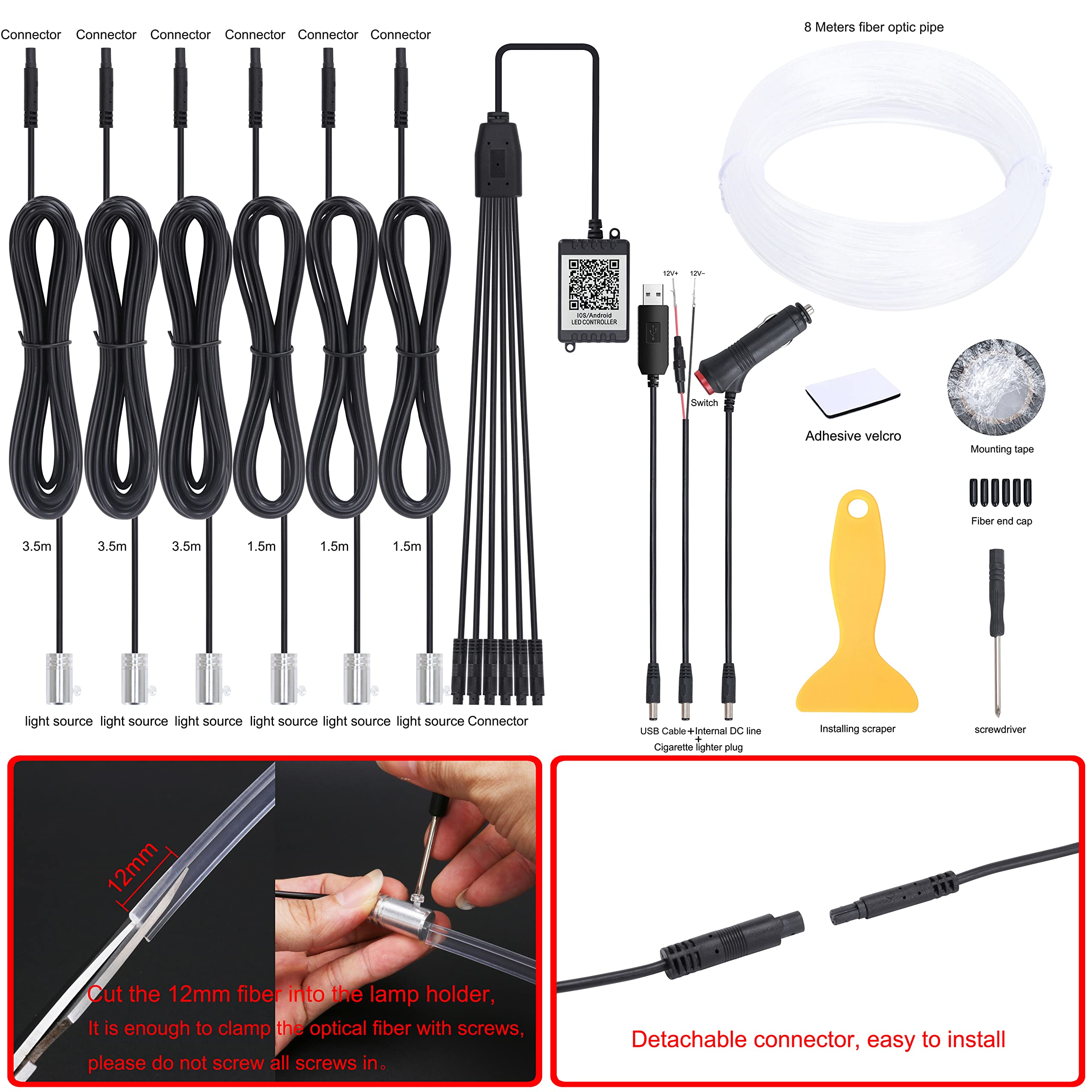 QAUBEN Car Ambient Lighting Optic Fiber Cable 64 Colors Music Sound Active with APP Control Car Decorative Atmosphere Lighting Kit DC 12V 1W 8m