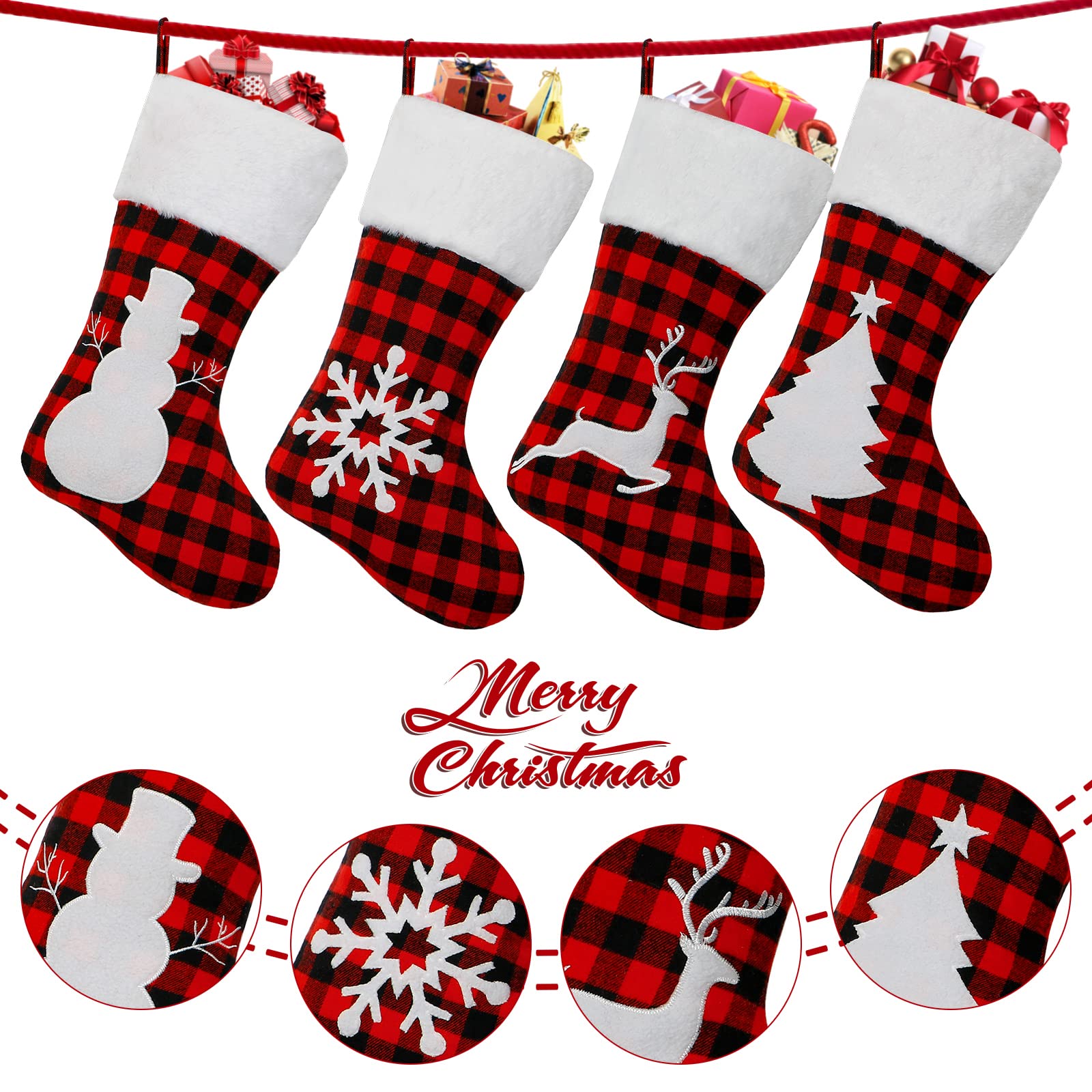 Dremisland Lot de 4 chaussettes de Noël - 45,7 cm - Motif écossais - Rouge et noir - Avec revers en fausse fourrure - À suspendre - Pour décoration de fête de Noël