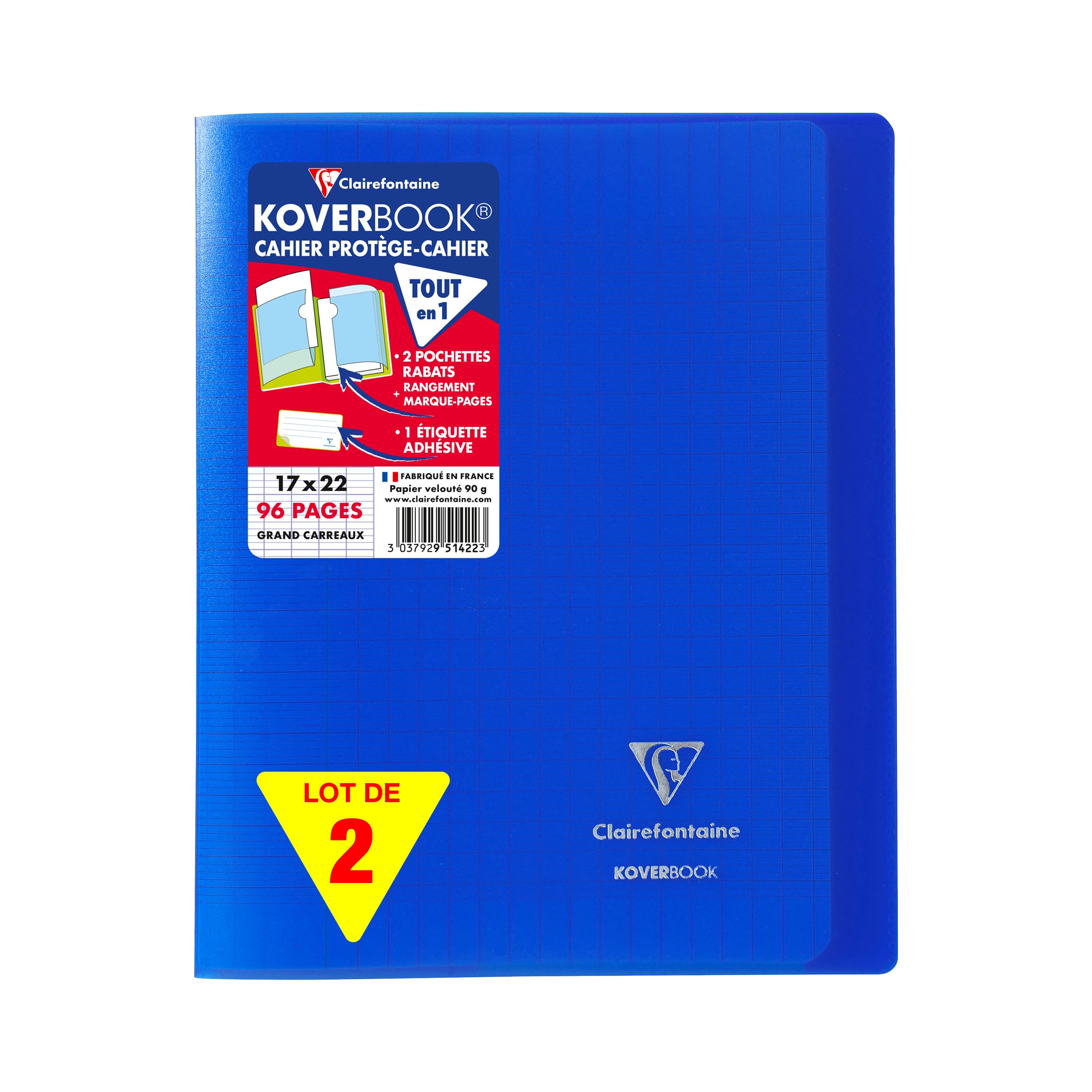 Clairefontaine 951422AMZC - Set of 2 Navy Blue Koverbook Stapled Notebooks - Dimensions: 17x22 cm - 96 Seyes Ruled Pages - 90 g White Paper - Polypro Cover