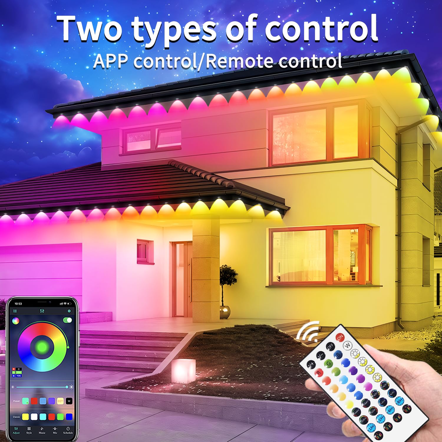 Permanente Außenleuchten für Haus, 60 m, wasserdicht, intelligentes RGB-LED-Dachtrauflicht, permanente Außenleuchten mit App/Fernbedienung, Musik-Synchronisation, für Haus, Halloween, Dach