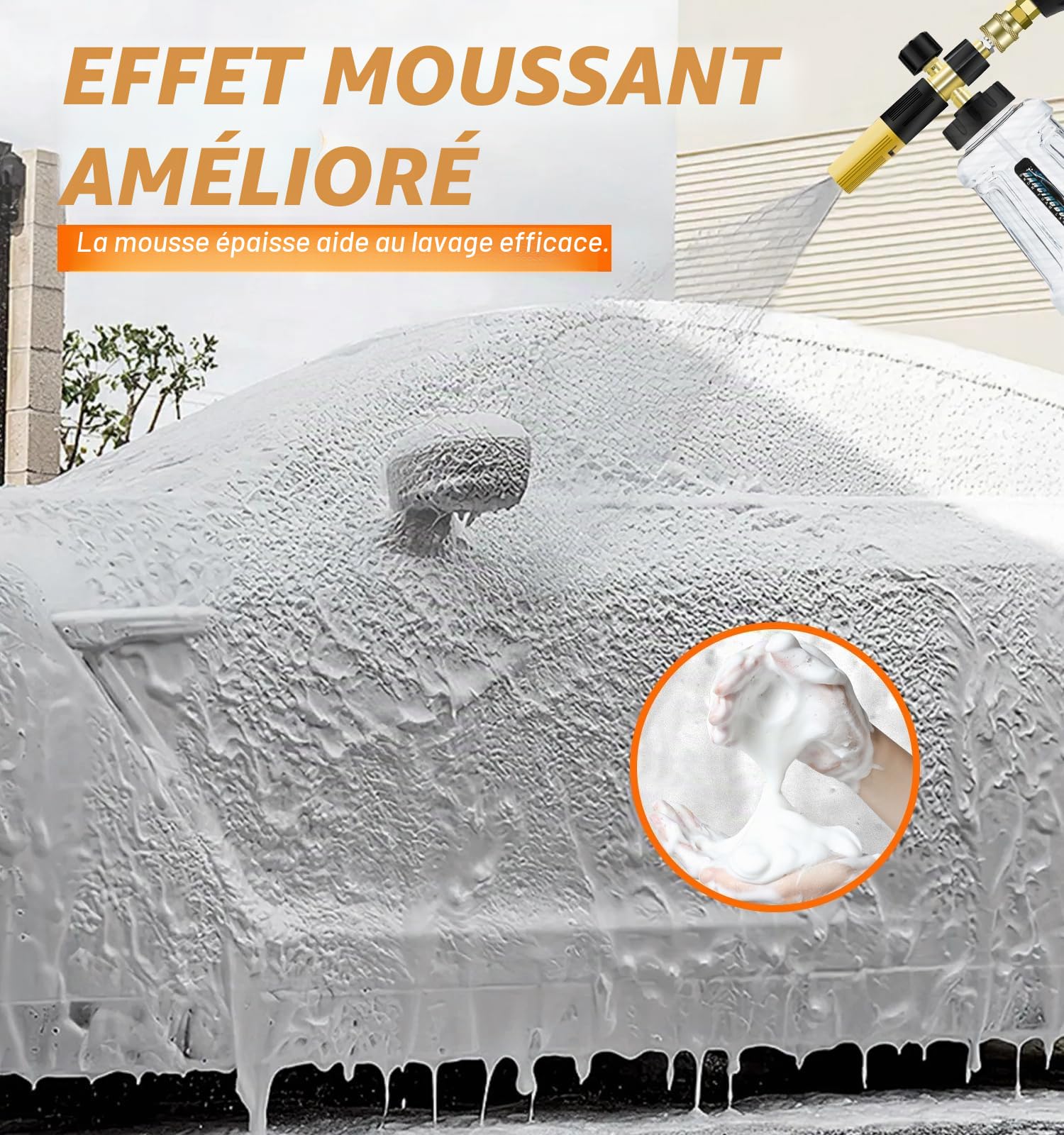 Canon a mousse amélioré pour nettoyeur haute pression 1/4 à dégagement rapide, 1L Canon à mousse Distributeur de savon avec buse de pulvérisation réglable de nouvelle génération (noir et jaune)