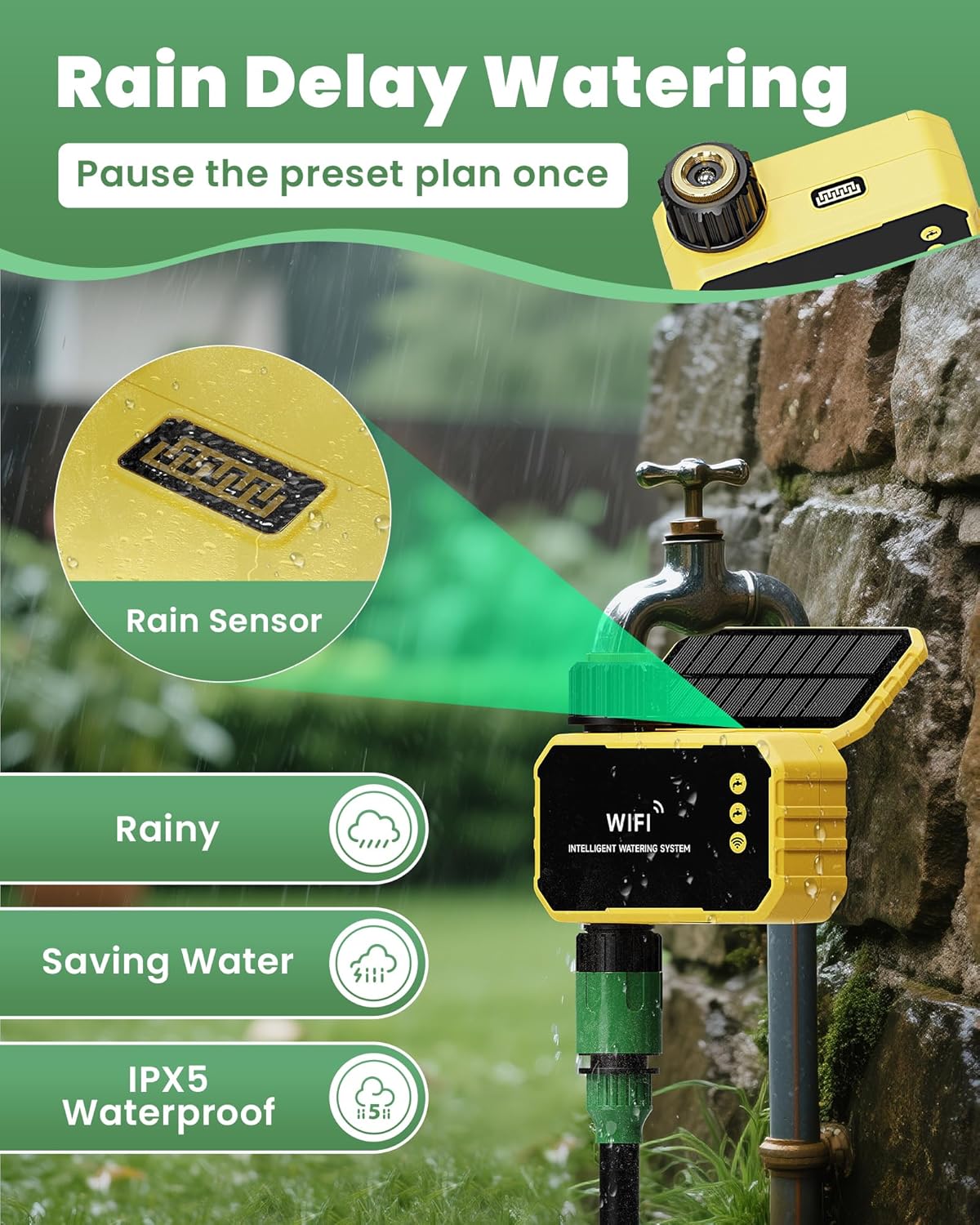Solar WiFi Sprinkler Timer, Smart Outdoor Water Timer for Garden Hose with Rain Delay/Automatic/Manual Watering System for Lawn Yard, APP Remote Voice Control Via 2.4Ghz WiFi No Need Hub
