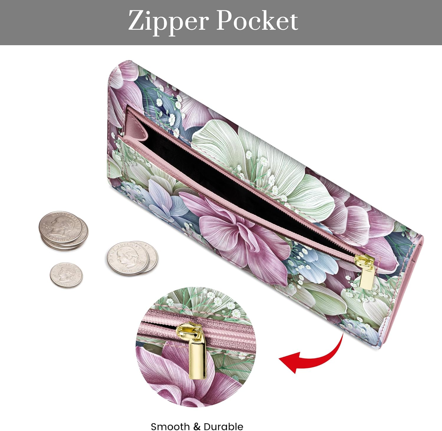 Airkit Women's Bifold Wallet, Slim RFID Blocking Wallet for Ladies, Thin Credit Card Holder with Zipper Pocket, Flowers