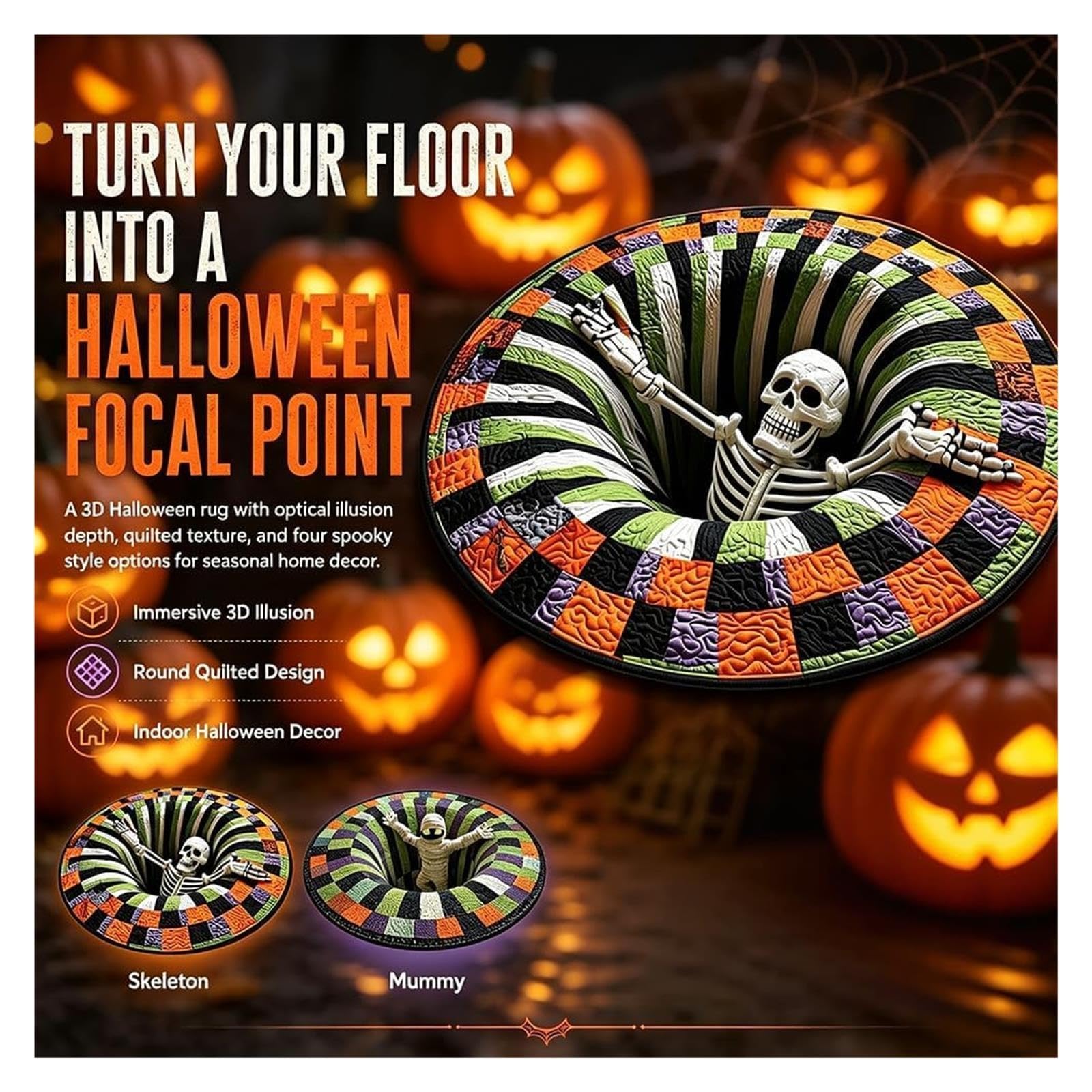 Dywan 3D na Halloween, 3D, horror 3D, okrągły dywan z antypoślizgowym spodem, miękki kryształowy aksamit, do nawiedzonego domu, salonu, akademika i imprezy z horrorem, dekoracja (#C, 120 x