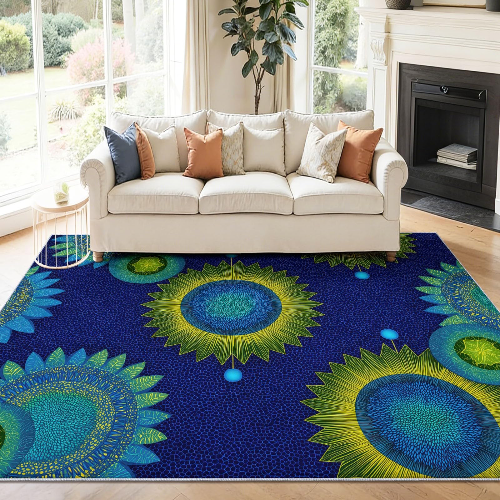 Böhmen Zusammenfassung Teppich 120 x 170 cm Teppich Wohnzimmer Blaues Sonnenblumenmuster Kurzflor Waschbarer Teppiche Schlafzimmer Wohnzimmerteppich rutschfest Teppiche für Kinderzimmer Esszimmer