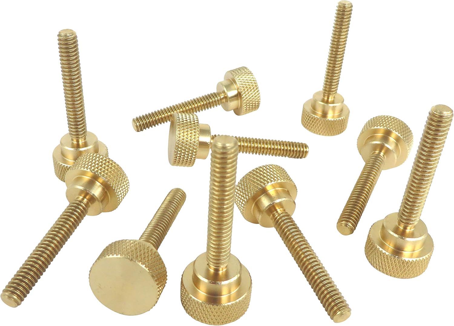 10 Pack 1/4-20 x 1-1/2 Inch Threads Solid Brass Diamond Knurled Thumb Screws Knobs with Straight Shoulders Right-Hand Threads SAE Flat Tip Uncoated (1/4-20 x 1-1/2 inch Long Threads)