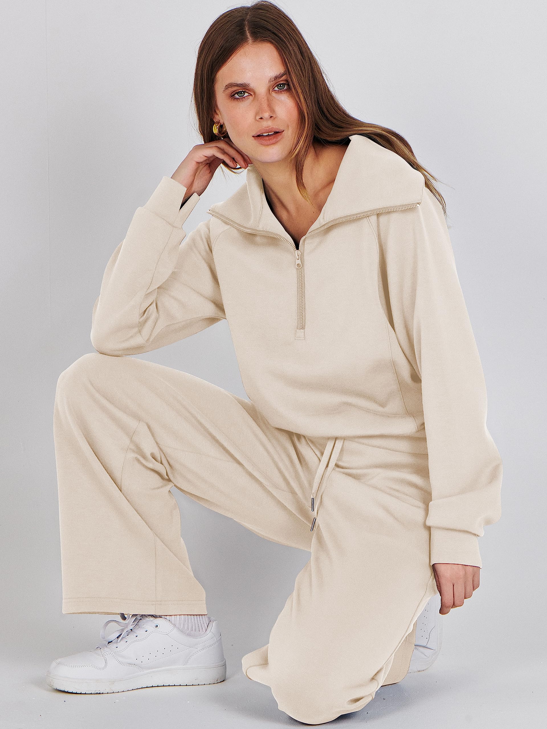 ANRABESS Women 2 Piece Outfits Sweatsuit Set 2023 Fall Trendy Oversized Quarter Half Zip Sweatshirt Wide Leg Sweatpant Lounge Matching Sweat Set Athletic Tracksuit Travel Clothes 1088xingse-L