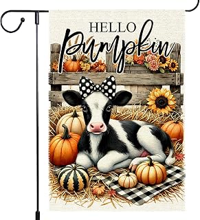 Fall Cow Garden Flag Pumpkin Garden Flags 12x18 Inch Autumn Vertical Double Sided Rustic Farmhouse Home Decor Burlap Yard Lawn Outdoor Thanksgiving Decoration