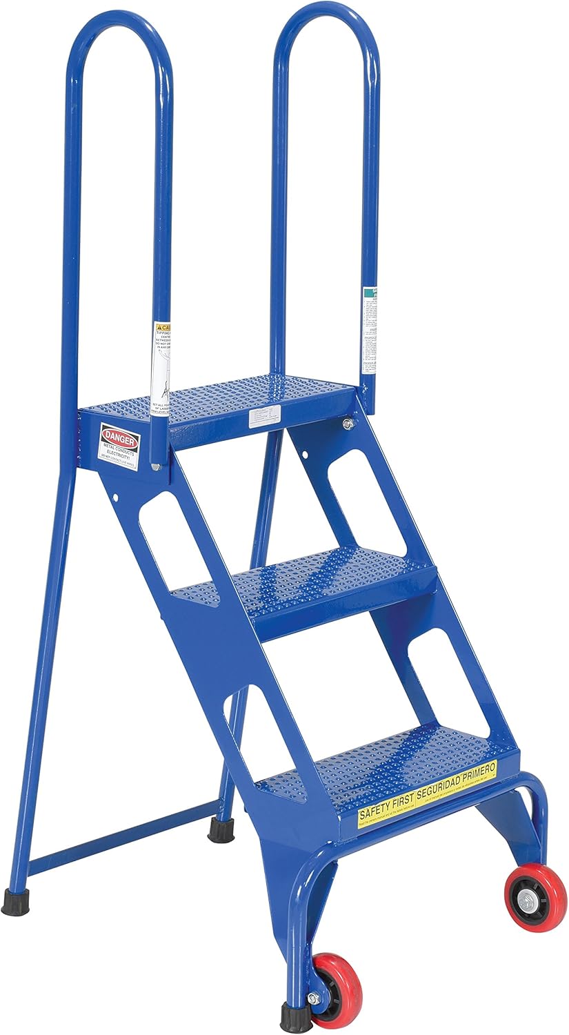 Vestil FLAD-3 Steel Folding Ladder with Wheels 3 Step 350 Lb. Capacity Blue
