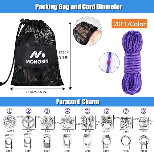 Miniatura 4 de MONOBIN Micro cuerda de paracaídas, 0.079 in, 10 colores, 20 pies, kit combinado con instrucciones de paracaídas y dijes para hacer pulseras de