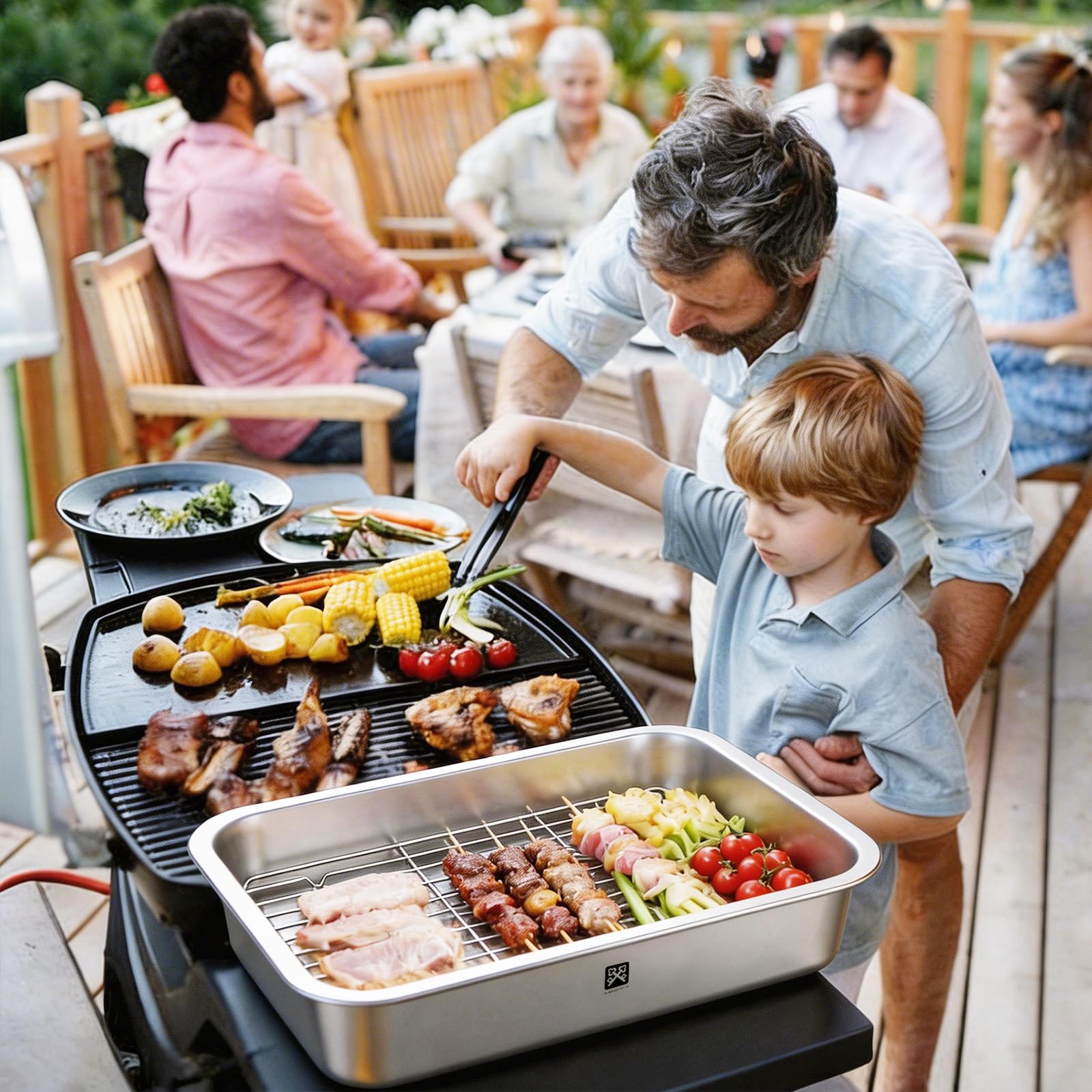 Edelstahl Grill Servierplatte mit Deckel 5-teiliges Set Vorbereitungsschale Marinierplatte Schneidebrett Abtropfgestell BBQ Camping