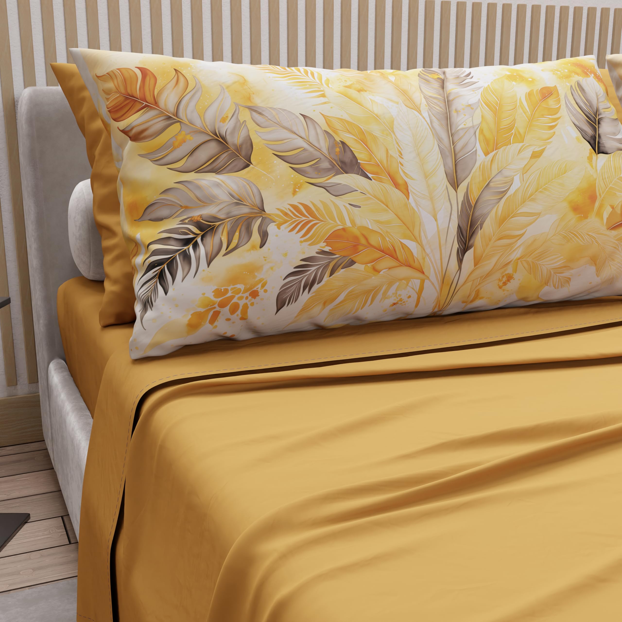 PETTI Artigiani Italiani - Cotton Sheets with Pillowcases in Digital Print, Single Sheet, Yellow Palm Print Bedding Set, 100% Made in Italy