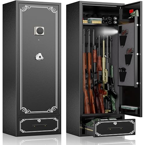 Gun Safe for Rifle and Pistols, Long Rifle Safes Shotgun Safe Gun Cabinet | No Assembly Required, Large gun safe with Drawer, Removable Shelf & Gun Rack for 25 Firearm Ammo 8 Rifle