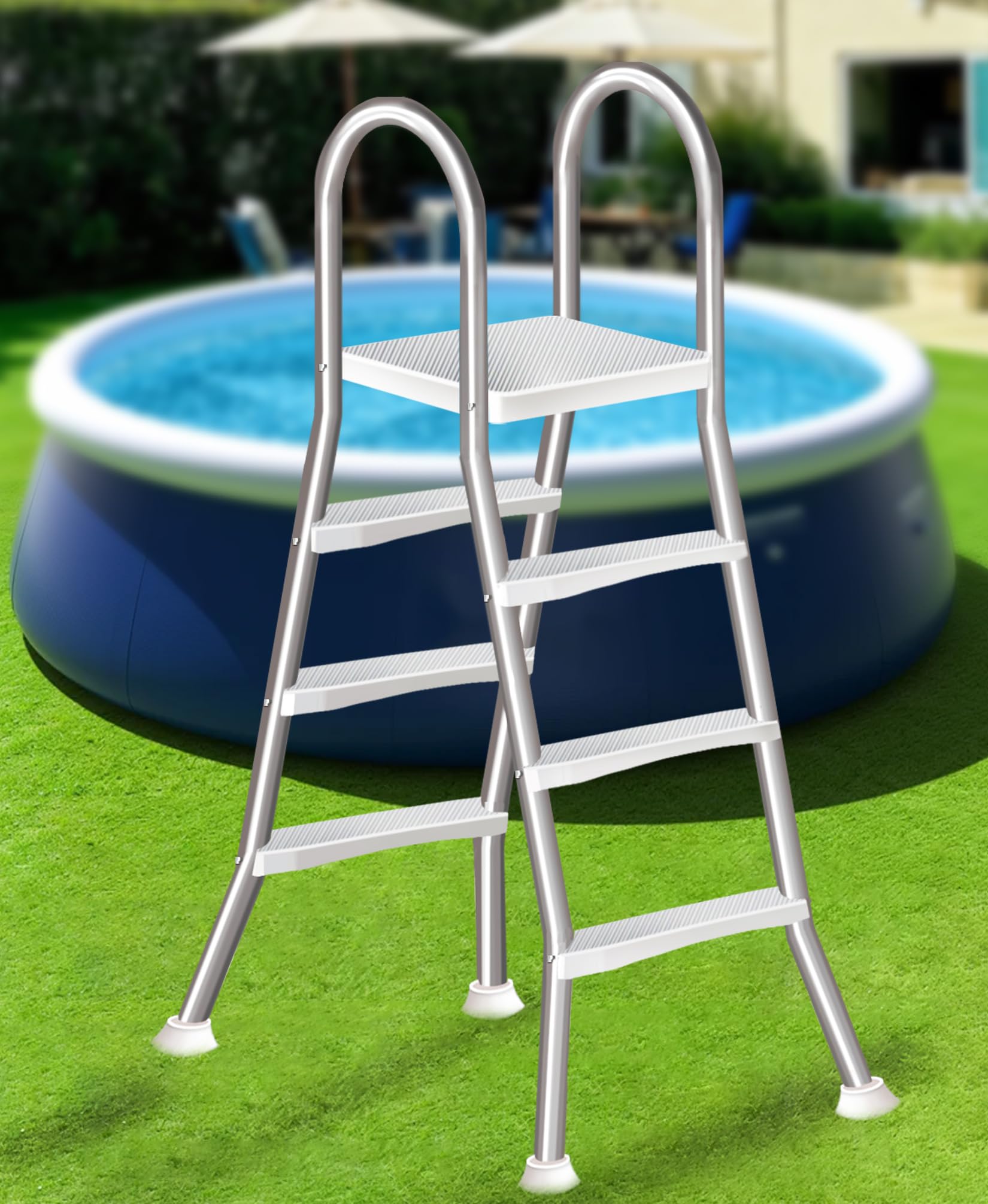 Stainless Steel 4 Step Pool Ladder, A-Frame Design for Above Ground Swimming Pool, Non-Slip Wide Steps Heavy Duty 250kg Capacity Pool Access Steps,110cm