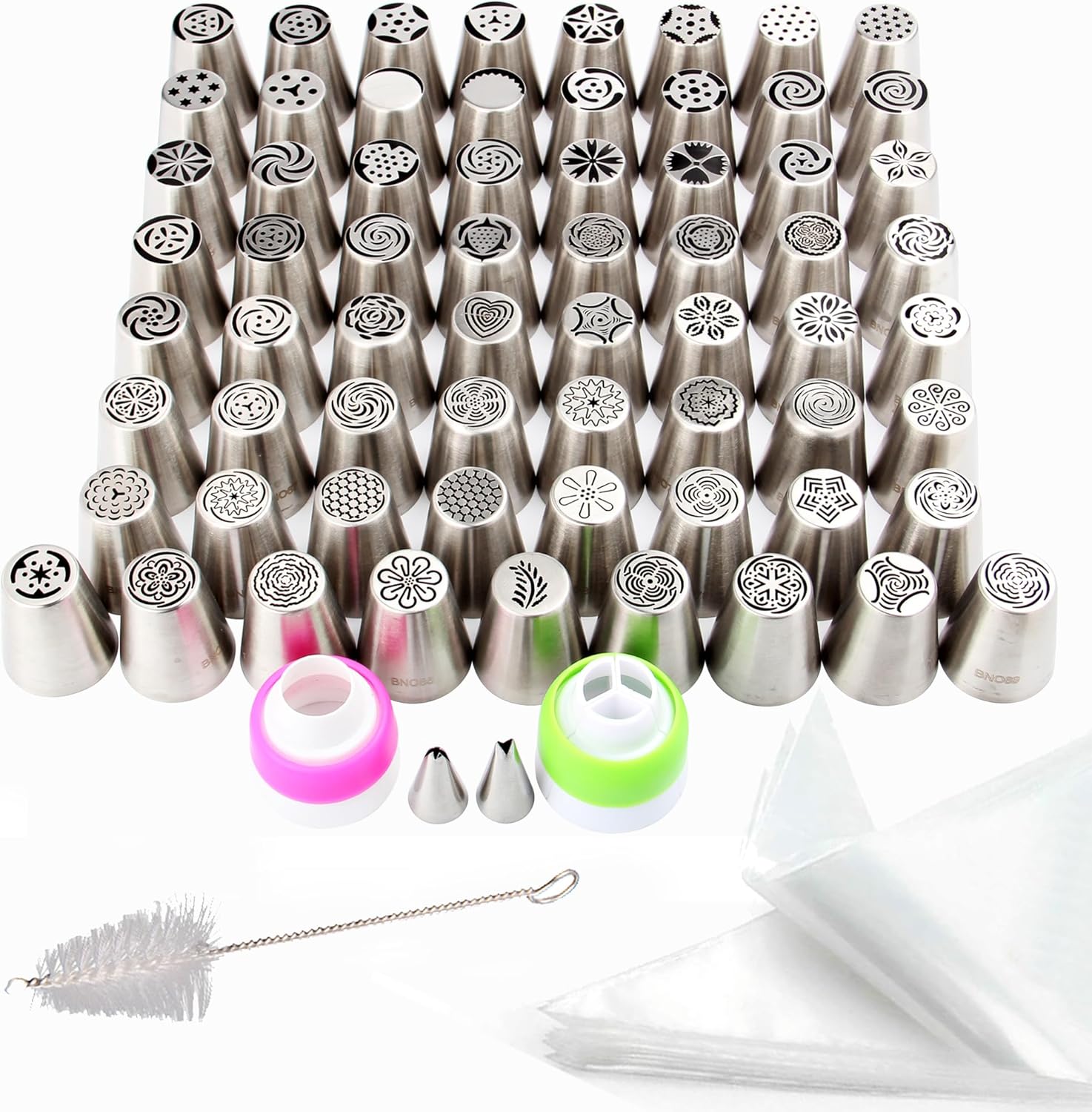 65 Pieces Stainless Steel Large Russian Piping Tips Kit,1 Cleaning Brush,2 Plastic Coupler,2 Leaf Icing Tip,10 Pastry Bags,Cupcake Dessert Baking Tools for Cake Decorations