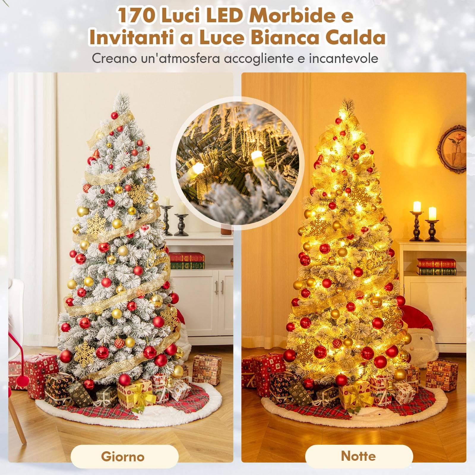 GYMAX 180 cm Albero di Natale Innevato, con 170 Luci LED Bianco Caldo, 517 Punte in PVC e Aghi di Pino, Base in Metallo, Decorazione Casa Ufficio, Folto Realistico