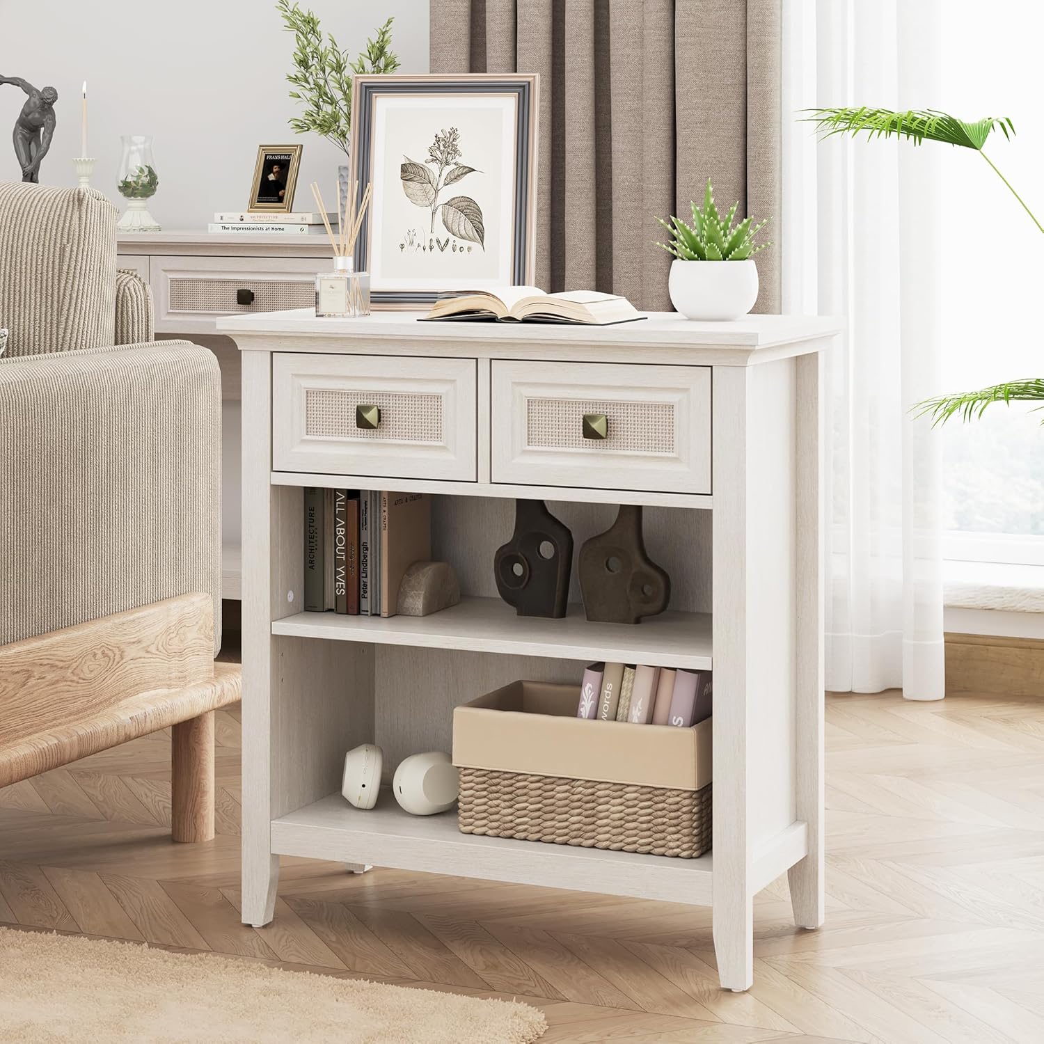 Rattan Storage Cabinets, Accent Boho Storage Cabinet with 2 Drawers and 2 Open Shelves, Modern Wood Storage Cabinet for Entryway, Front Hall, Hallway, Living Room, White