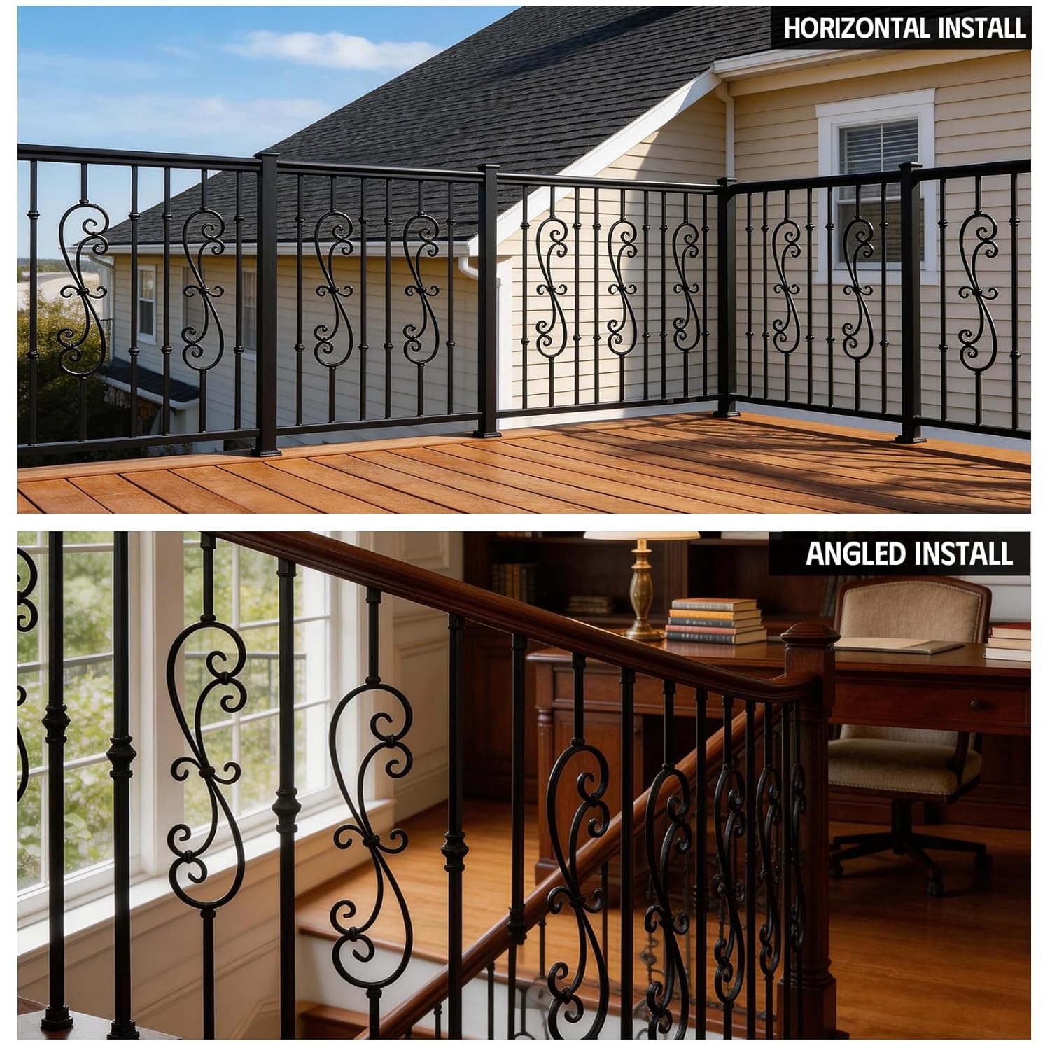 5Pack Wrought Iron Balusters,1/2" Diameter S-Scroll Flower Hollow Straight Stair Spindles,Satin Black DecorativeMetal Balusters for Deck,Staircase,Porch,Hallway - D01