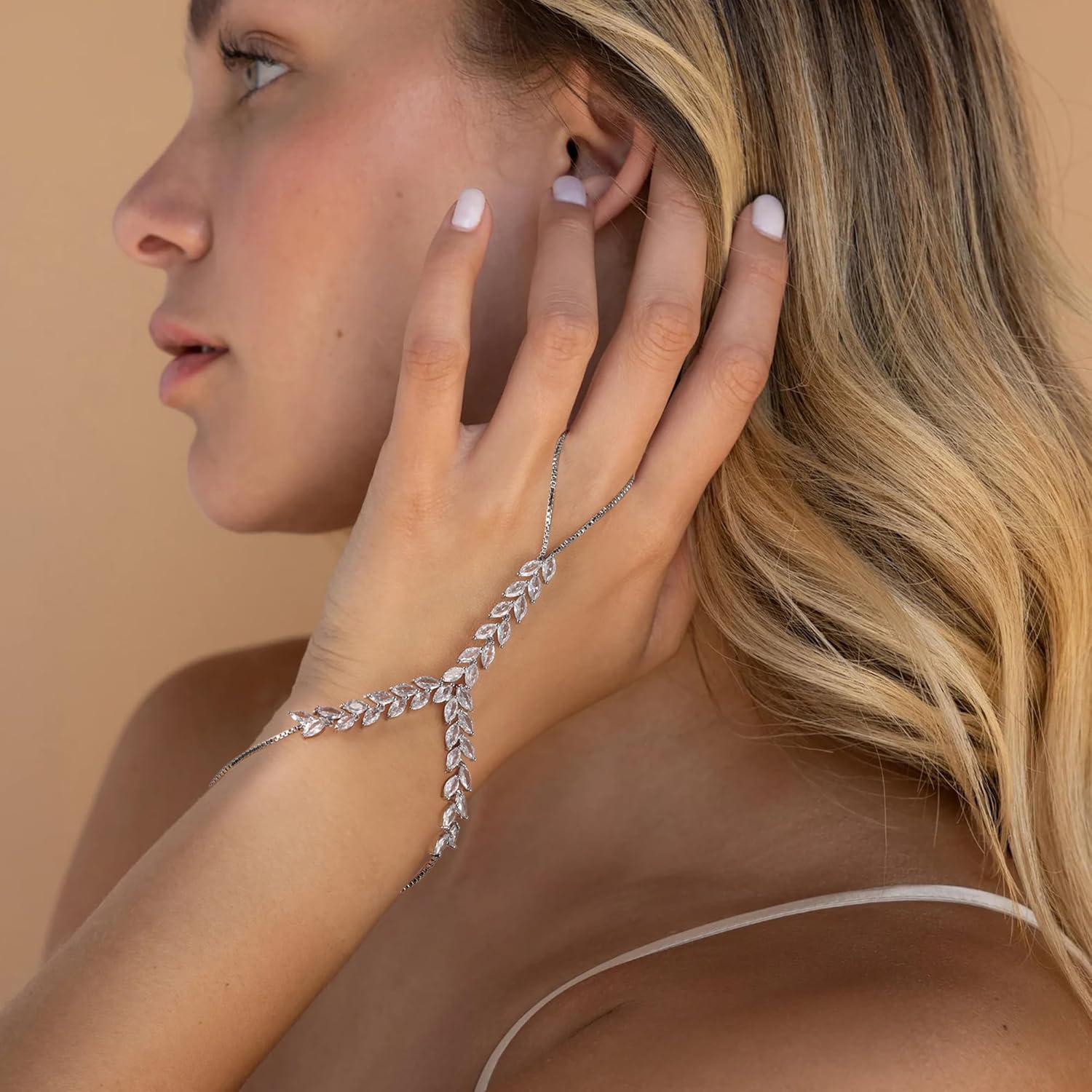 Cubic Zirconia Statement Ring Bracelet for Women,Adjustable Bohemian Slave Bracelet Hand Chain Ring Jewelry for Women - Image 2