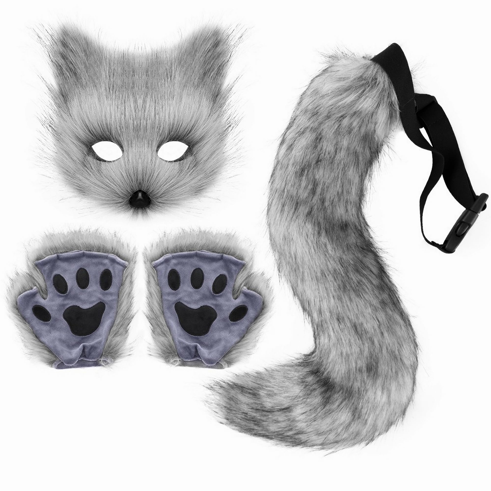 Therian Mask Tail Gloves Paw Set Animal Gear Cat Fox Wolf Masks Dress Up Cosplay Party Women Furry Faux Fur Fingerless (Black Grey)