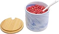 Vista 5 de Juego de 3 tarros de especias de cerámica de mármol con cucharas y tapas de bambú y bandeja (azul)