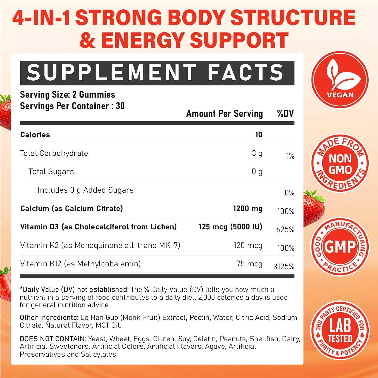 Calcium 1200 mg with Vitamin D3 Supplement for Adults - Calcium Gummies with Vitamin D3 5000IU, K2, B12 for Women Men - Extra Absorption Calcium Citrate - Natural Strawberry Flavor, 60 Gummies