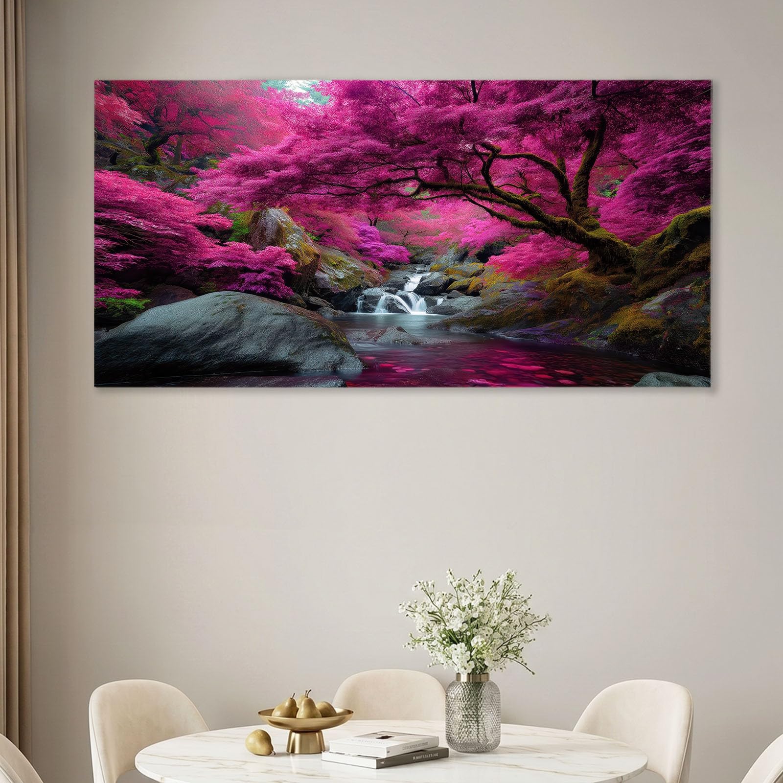 Obraz ścienny natura krajobraz obraz obraz na płótnie - 90 x 60 cm, wydruk na płótnie z lasem, drzewo skała, oprawiona sztuka ścienna do salonu i sypialni, dekoracja ścienna, różowy