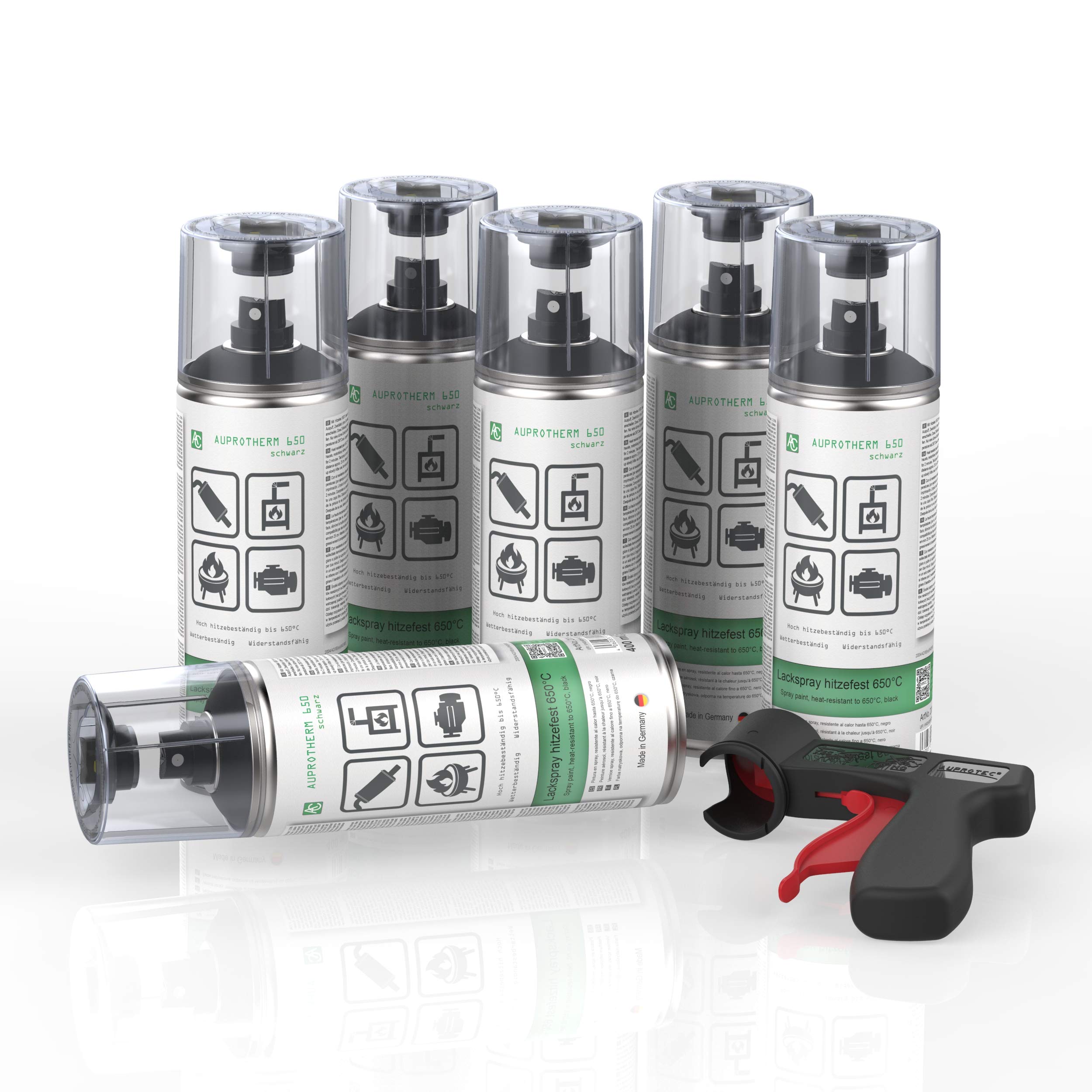 AUPROTEC Lackspray AUPROTHERM 650 schwarz Motor Lack Sprühlack Hitzefest 650°C Spray 6x 400ml + 1x Original Pistolengriff