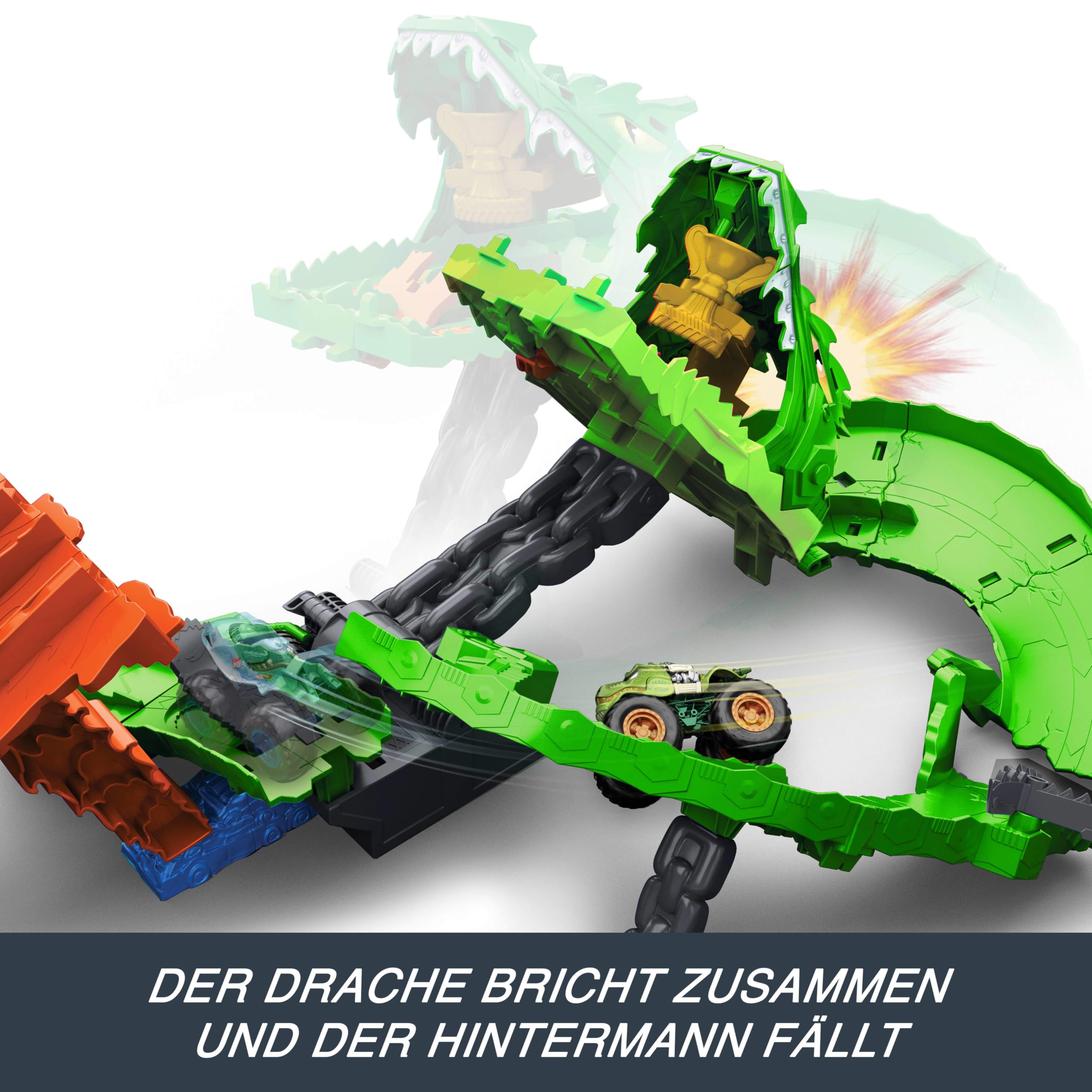 Hot Wheels Spielzeug Monster Trucks, Sharks vs. Dinos Drachenzerstörungs-Spielset mit riesigem Great Bite und Rageasaur im Maßstab 1:64, Rennspaß, um den Cyborg-Feind zu besiegen, JGB06