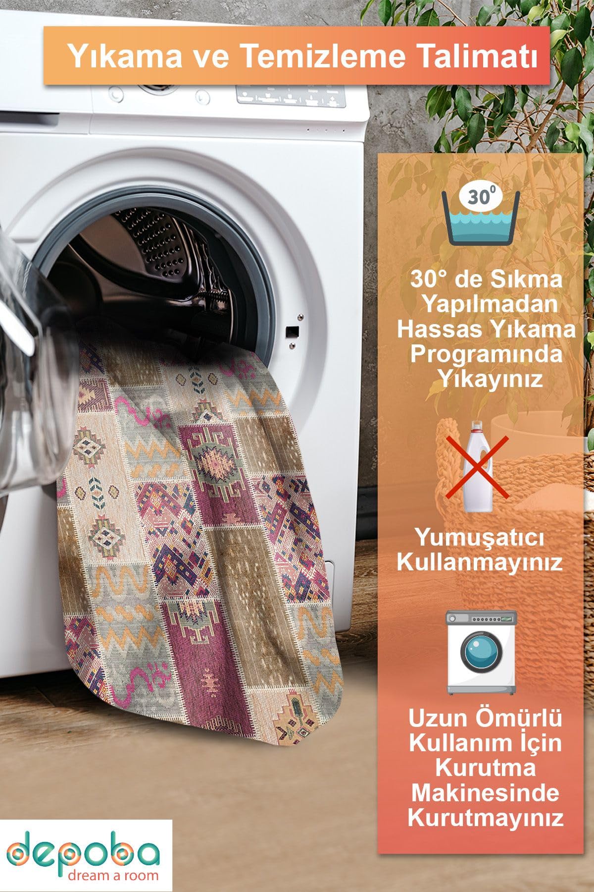 Depoba Elara Patchwork Şönil Kaymaz Doğal Pamuk Tabanlı Yıkanabilir Antibakteriyel Çevre Dostu Salon Halısı 140x200
