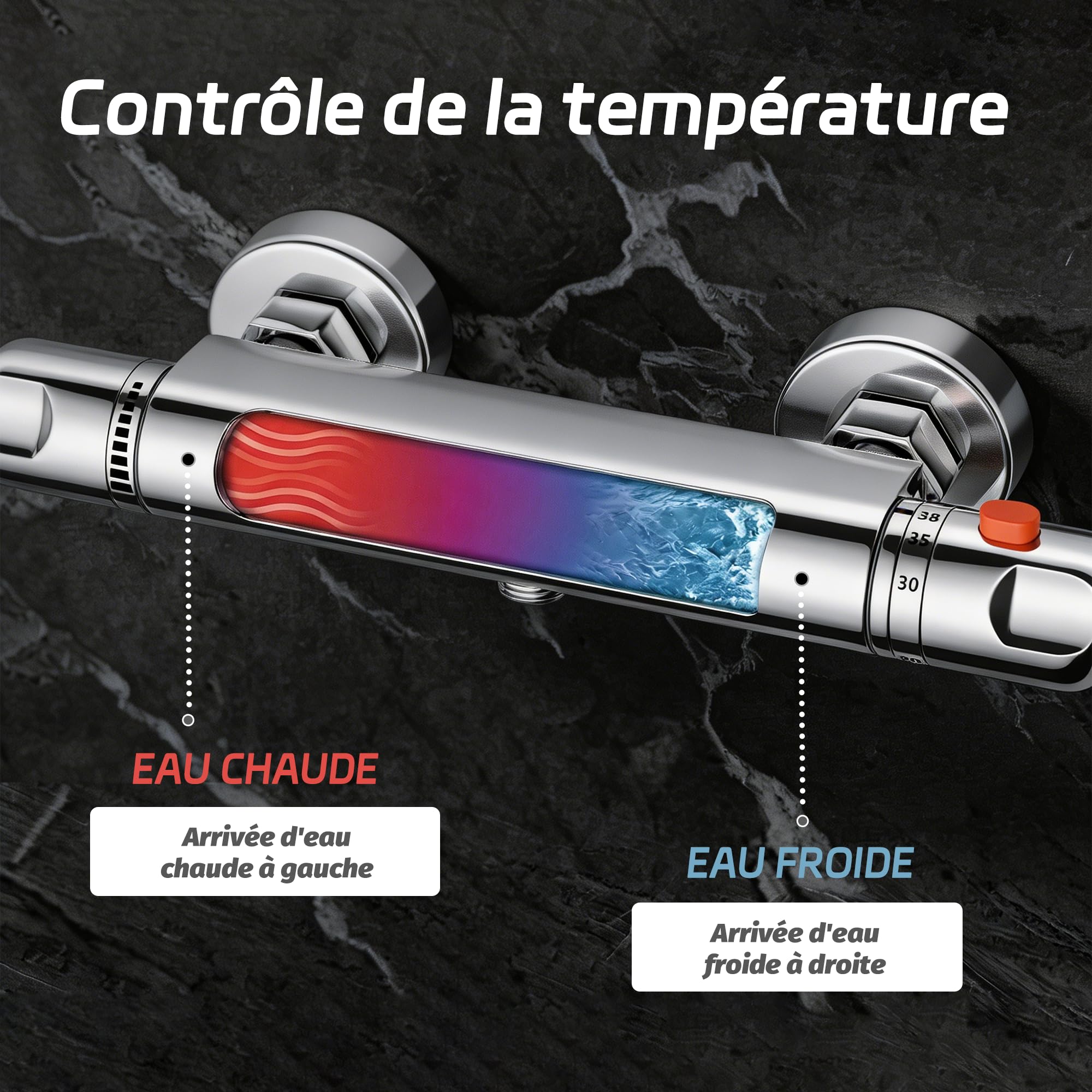Mitigeur Thermostatique douche,Mitigeur Douche,Robinet de douche avec arrêt de sécurité à 38°C,Laiton,Chromé