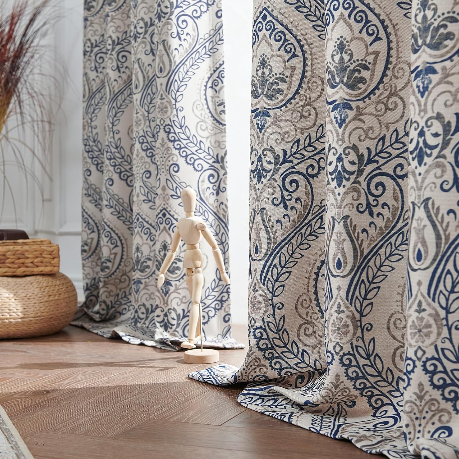 jinchan Curtains for Bedroom, Room Darkening Curtains 84 Inch Length 2 Panels Set, Linen Textured Medallion Drapes for Living Room, Vintage Damask Pattern Window Treatments, Blue on Greige