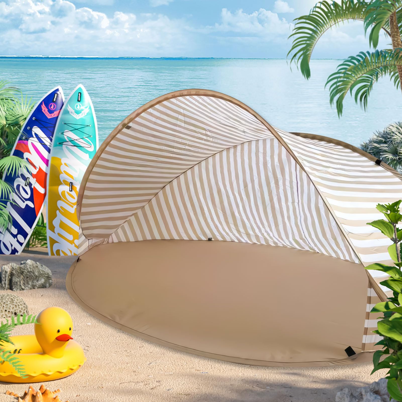 Tente de plage Pop Up pour 3 à 4 personnes, avec protection UV 50+, portable, automatique, coupe-vent, avec sac de transport et sardines, pour la famille, le camping, le jardin, kaki