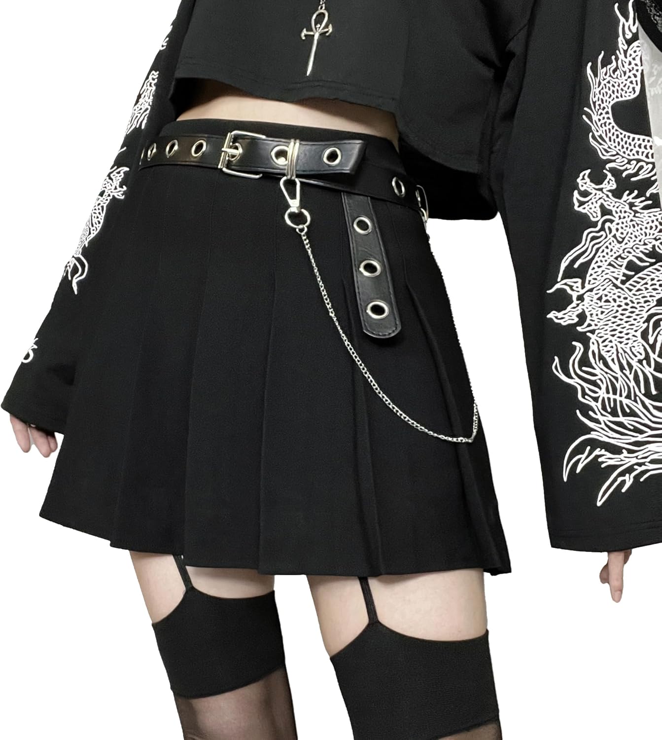 AULKEEP Womens Black Mini Pleated Skirts Goth High Waist A Line Punk Skirt School Uniform Short Skirts with Belt - Image 3